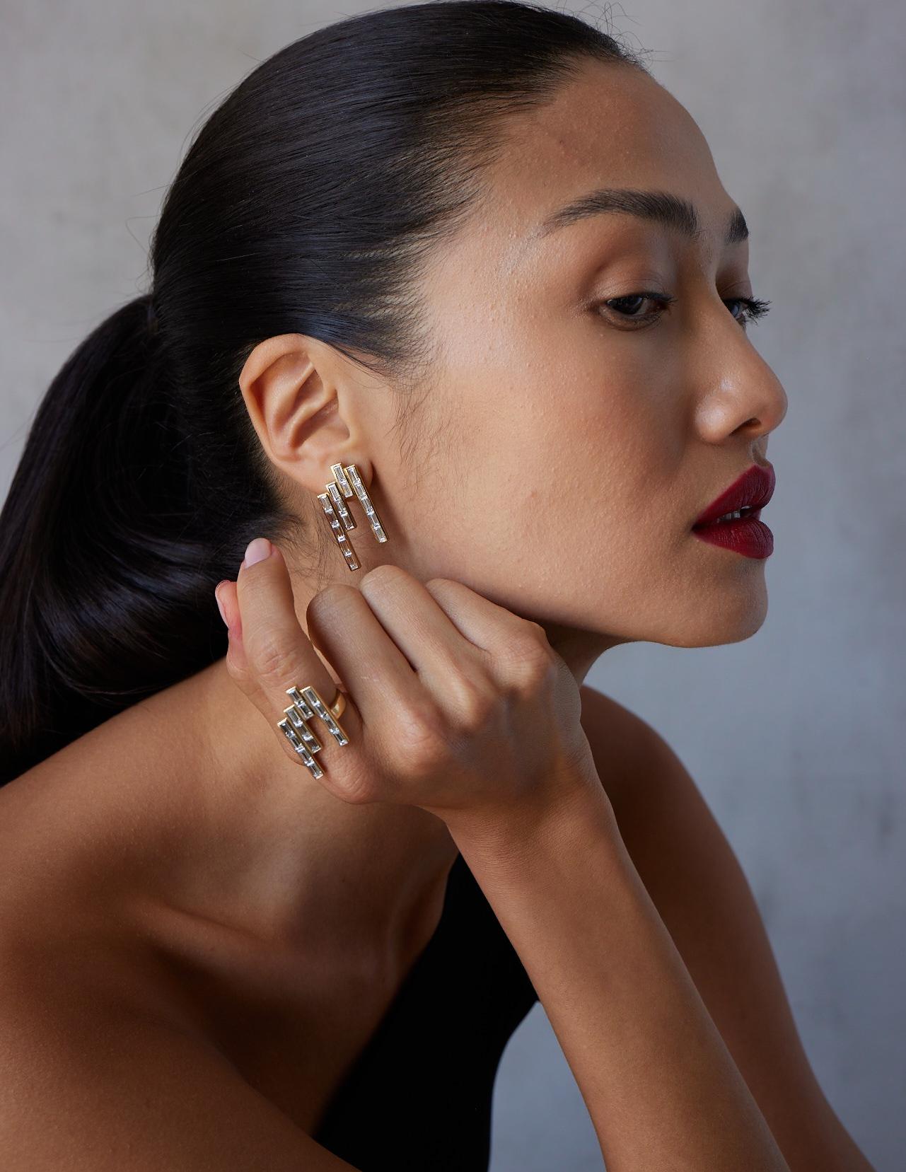 Drop Down Stud Earrings 14k 7 Carat Baguette Lab Diamond Earrings In Excellent Condition For Sale In Los Angeles, CA