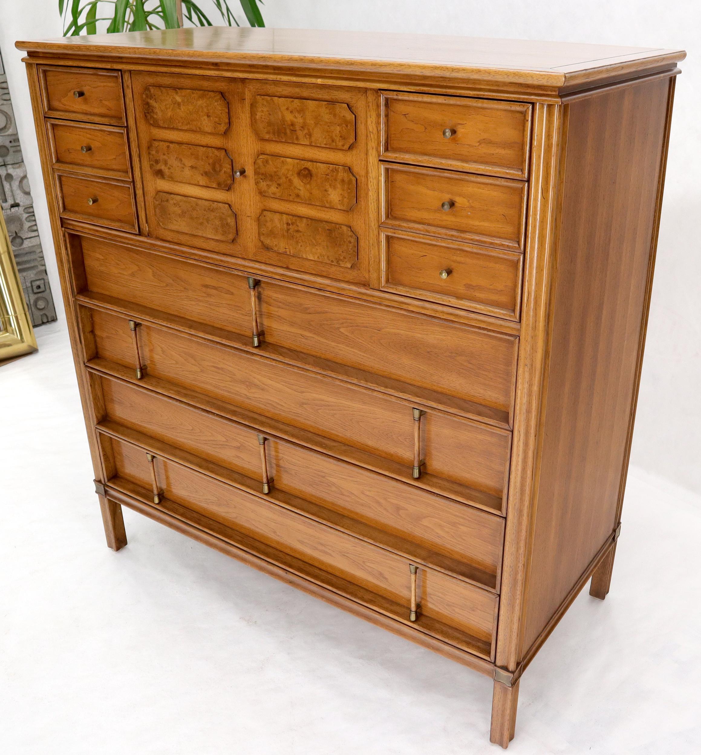 Mid-Century Modern light walnut faux bamboo pulls hardware high chest dresser with a lift away folding mirror and drop front vanity table.