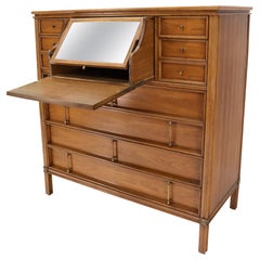 Vintage Drop Down Vanity Folding Mirror High Chest Dresser in Light Walnut