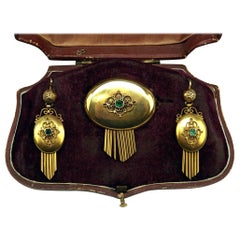 Tropfenohrring Brosche Schmuckset 14 Karat Gold Smaragde Vintage, Wien, Österreich