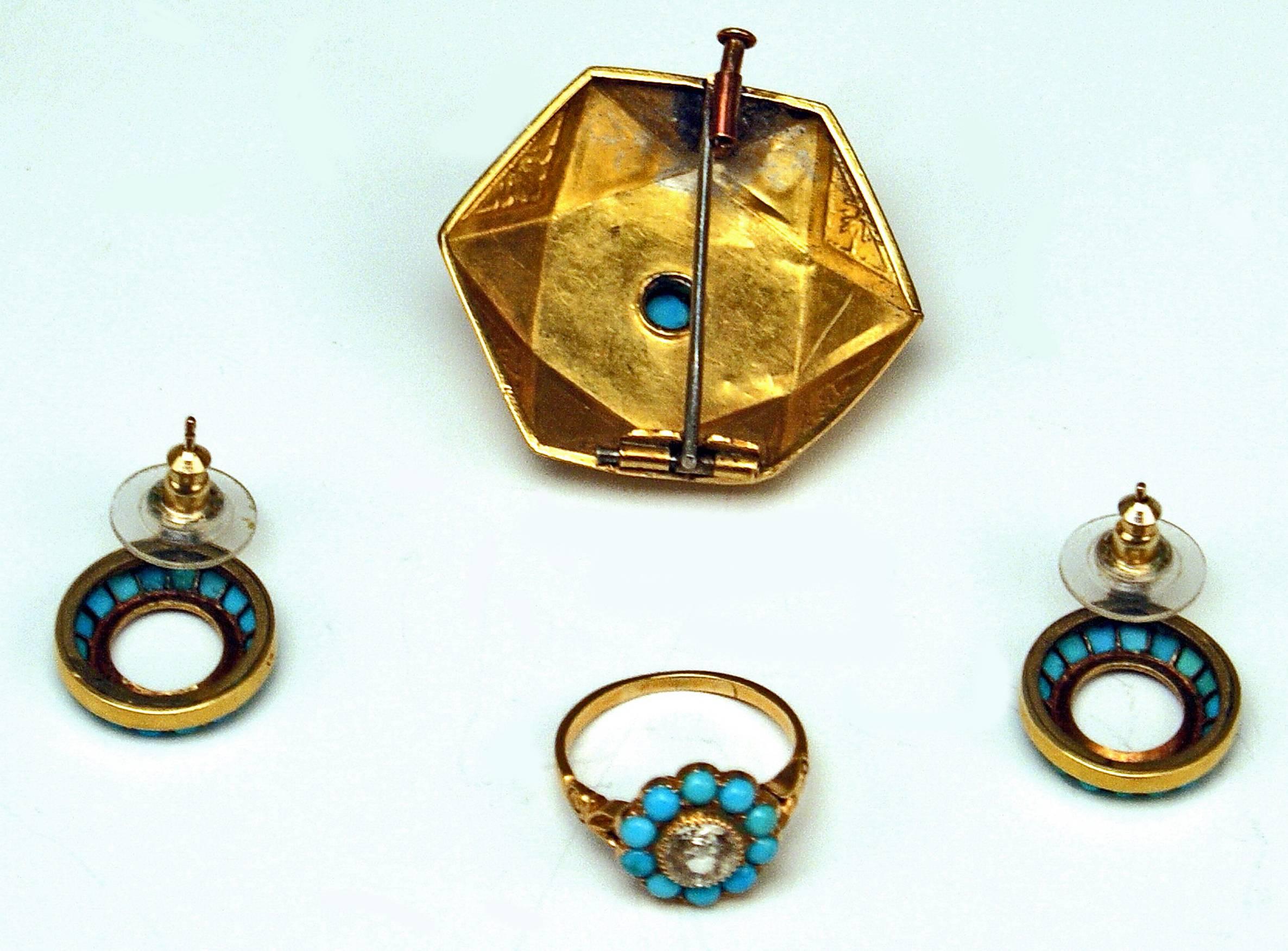 Late Victorian Drop Earring Brooch Ring Jewelry Set Gold Turquoises Pearls Diamond, Vienna 1890 For Sale