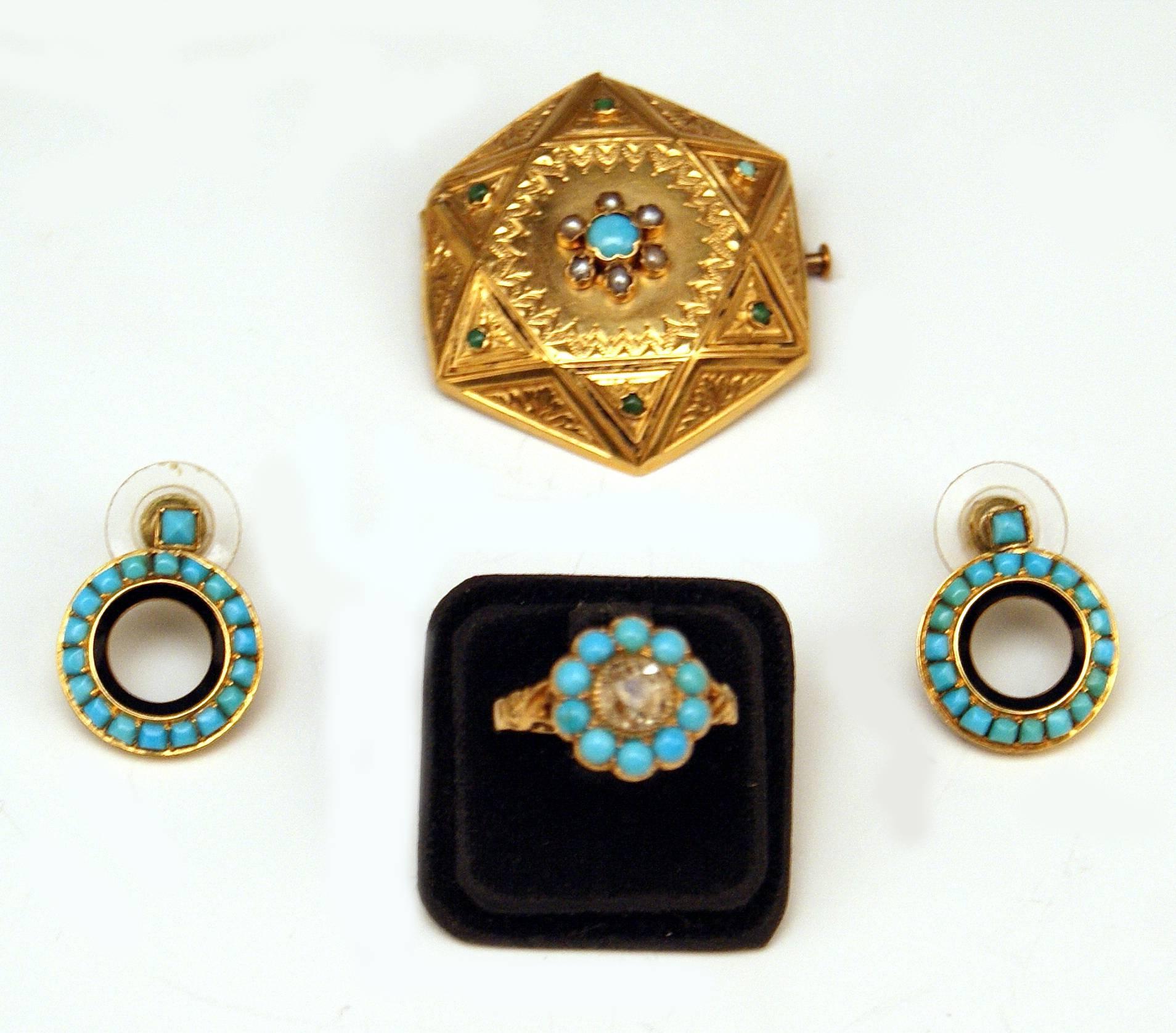 Old European Cut Drop Earring Brooch Ring Jewelry Set Gold Turquoises Pearls Diamond, Vienna 1890 For Sale