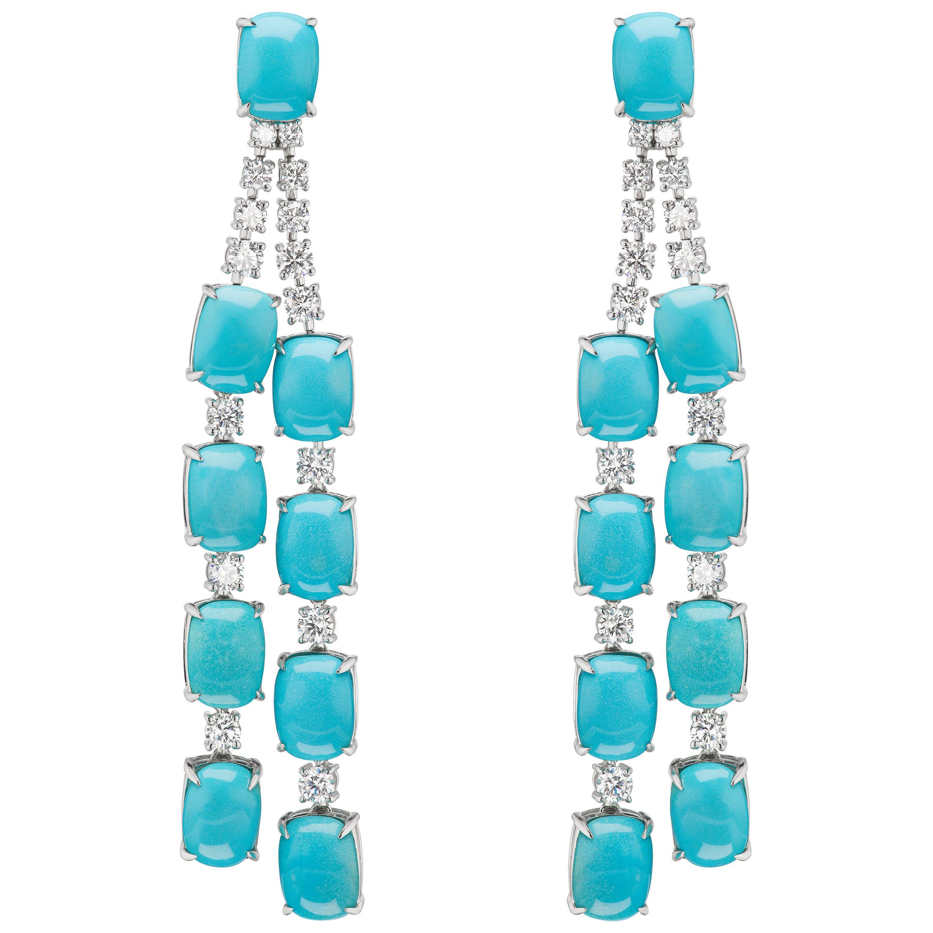 Drop Earring in 18K White Gold with Turquoise and Diamond