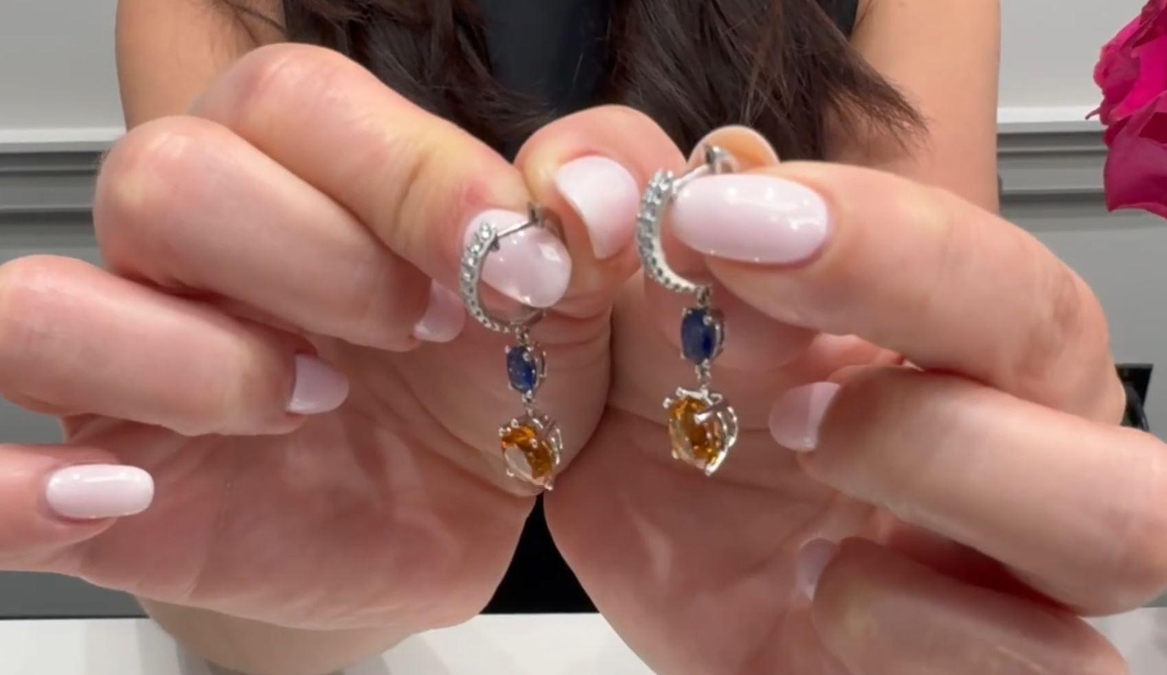 Drop Earrings 14K White Gold Pear Shaped Citrine, Oval Sapphires, Round Diamonds For Sale 2