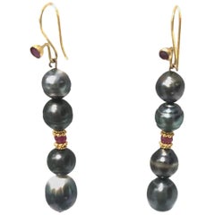 Drop Earrings 18k Gold Earwires with Rubies, Tahitian Pearls and 18k Rondelles