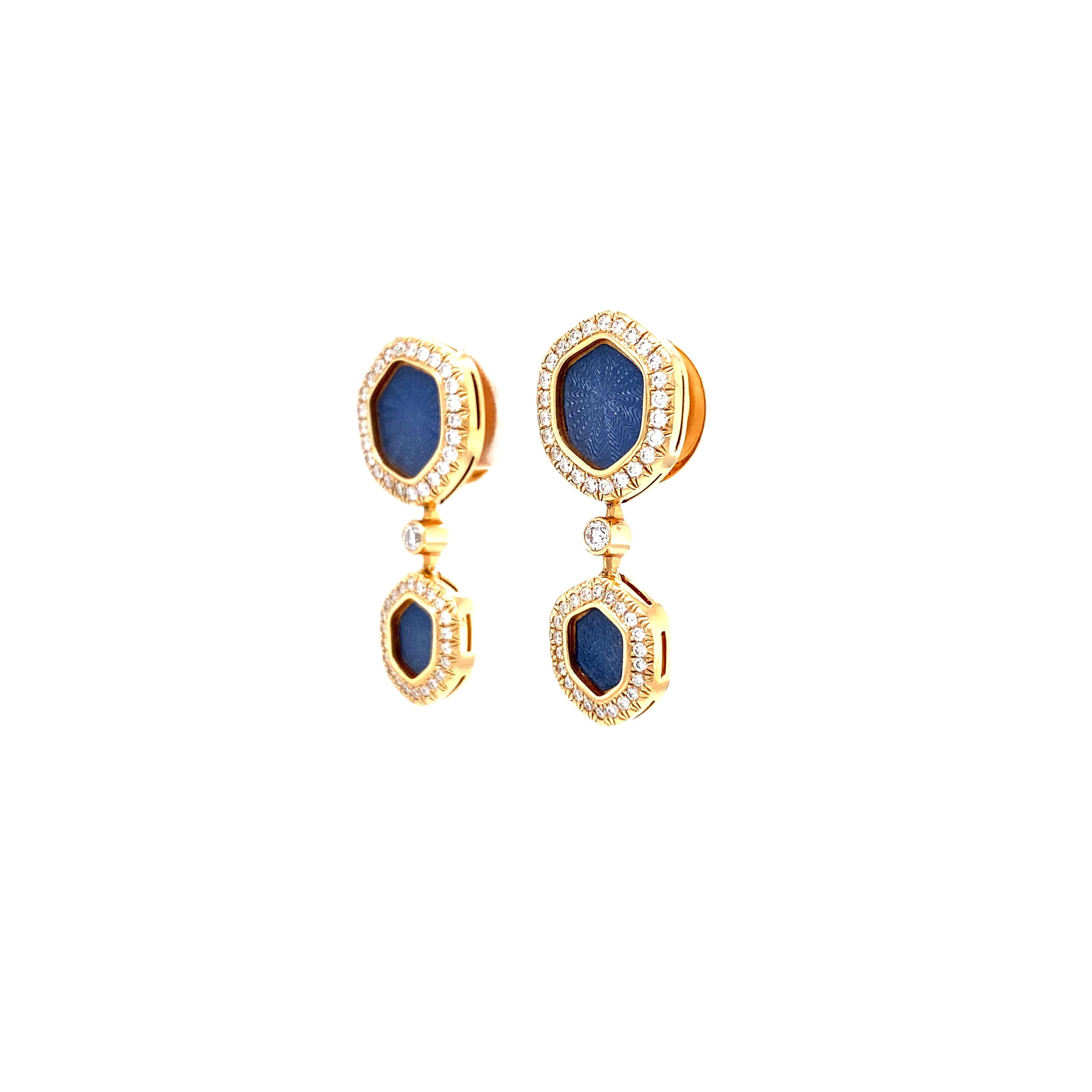 Orecchini a goccia in oro rosa 18k Smalto azzurro Guilloche 96 Diamanti 0,53 ct G VS in vendita 8