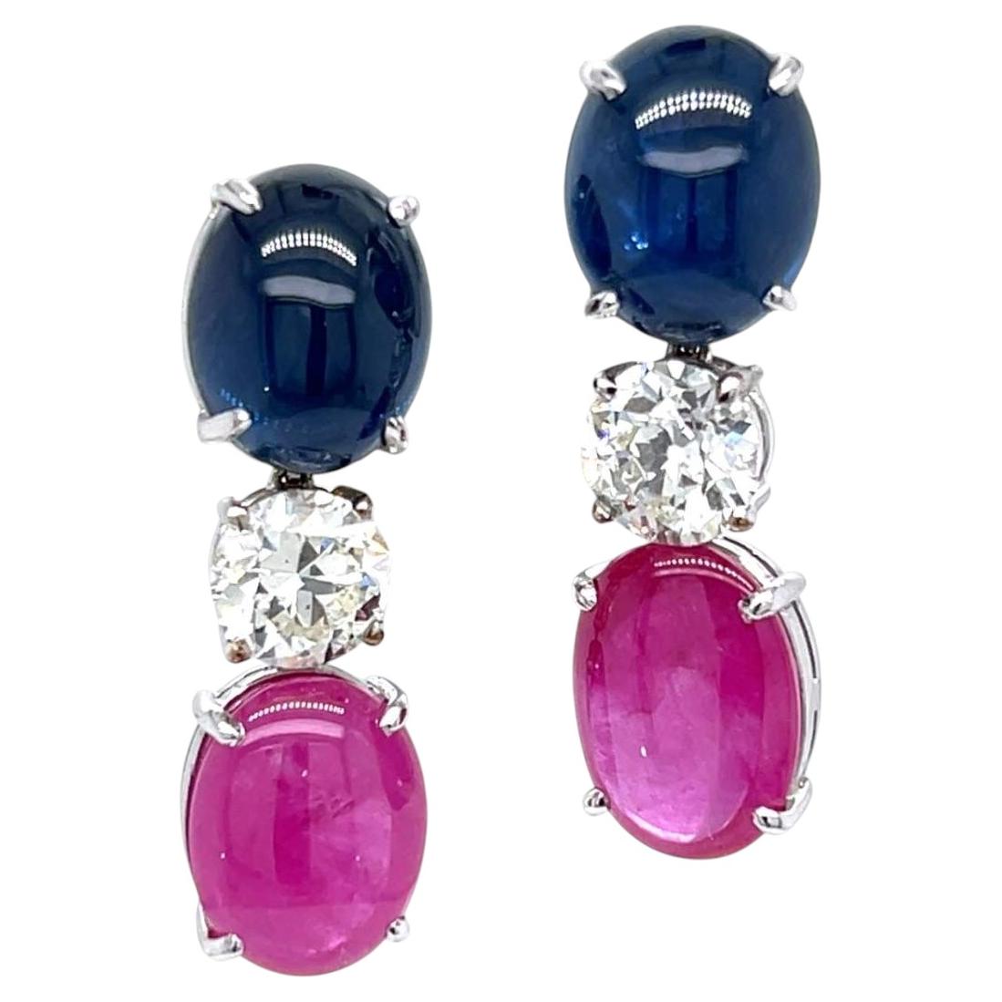 DROP-Earrings 18K White Gold 20.50 CTW Sapphires, Diamonds & Rubies