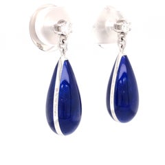Drop Earrings 18k White Gold Blue Vitreous Enamel 2 Diamonds 0.14 Carat