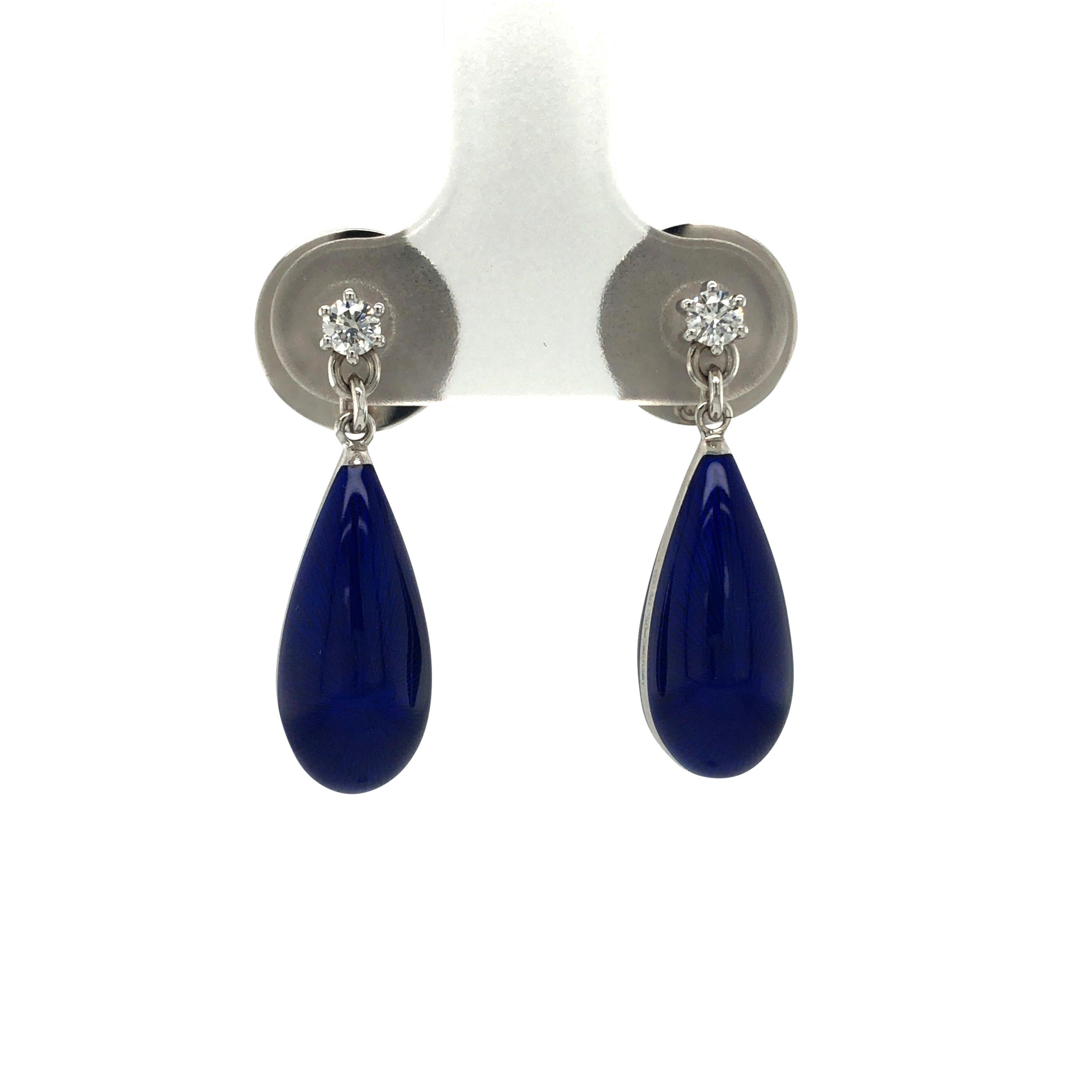 Brilliant Cut Drop Earrings 18k White Gold Blue Vitreous Enamel 2 Diamonds 0.14 Carat For Sale