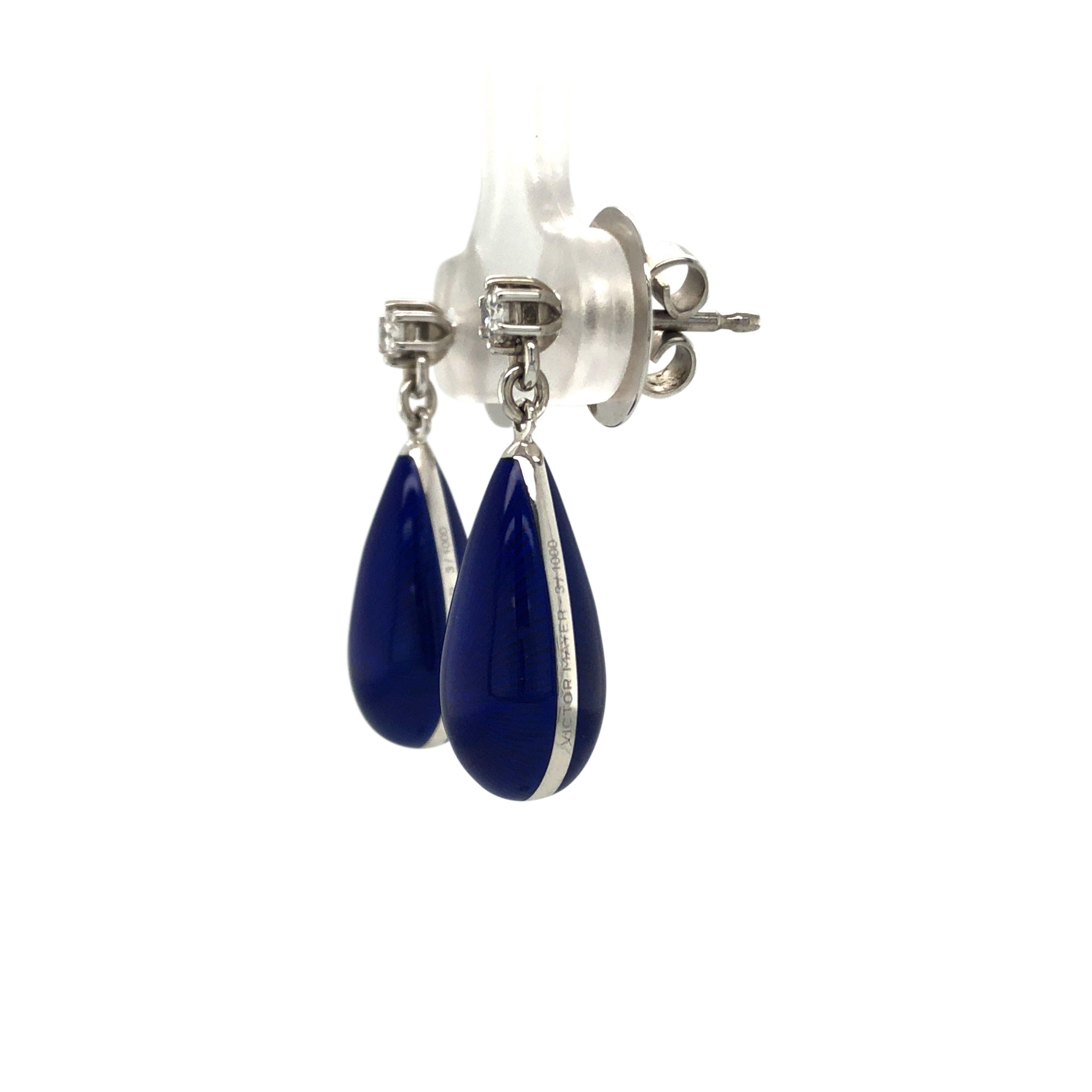 Drop Earrings 18k White Gold Blue Vitreous Enamel 2 Diamonds 0.14 Carat In New Condition For Sale In Pforzheim, DE