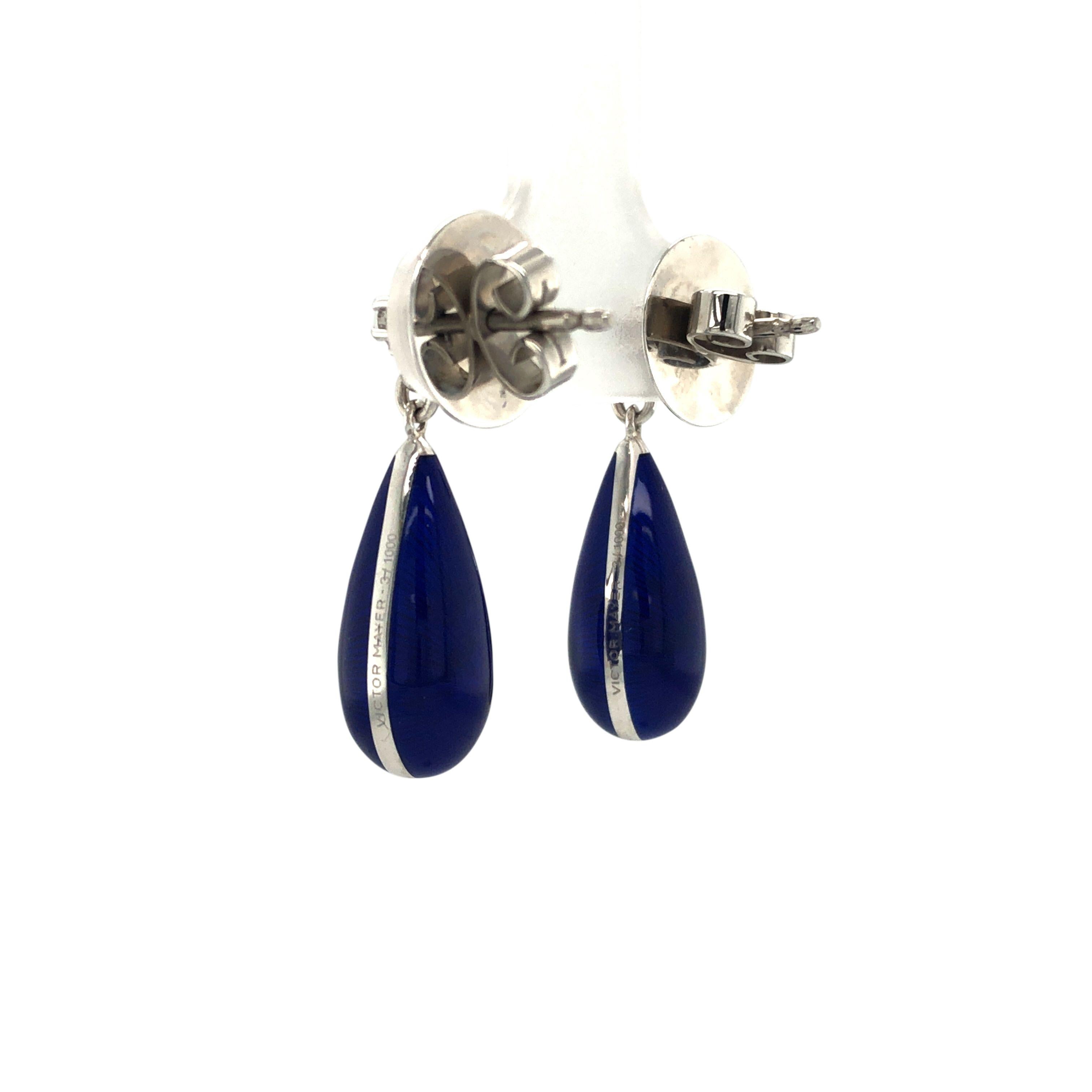 Women's Drop Earrings 18k White Gold Blue Vitreous Enamel 2 Diamonds 0.14 Carat For Sale