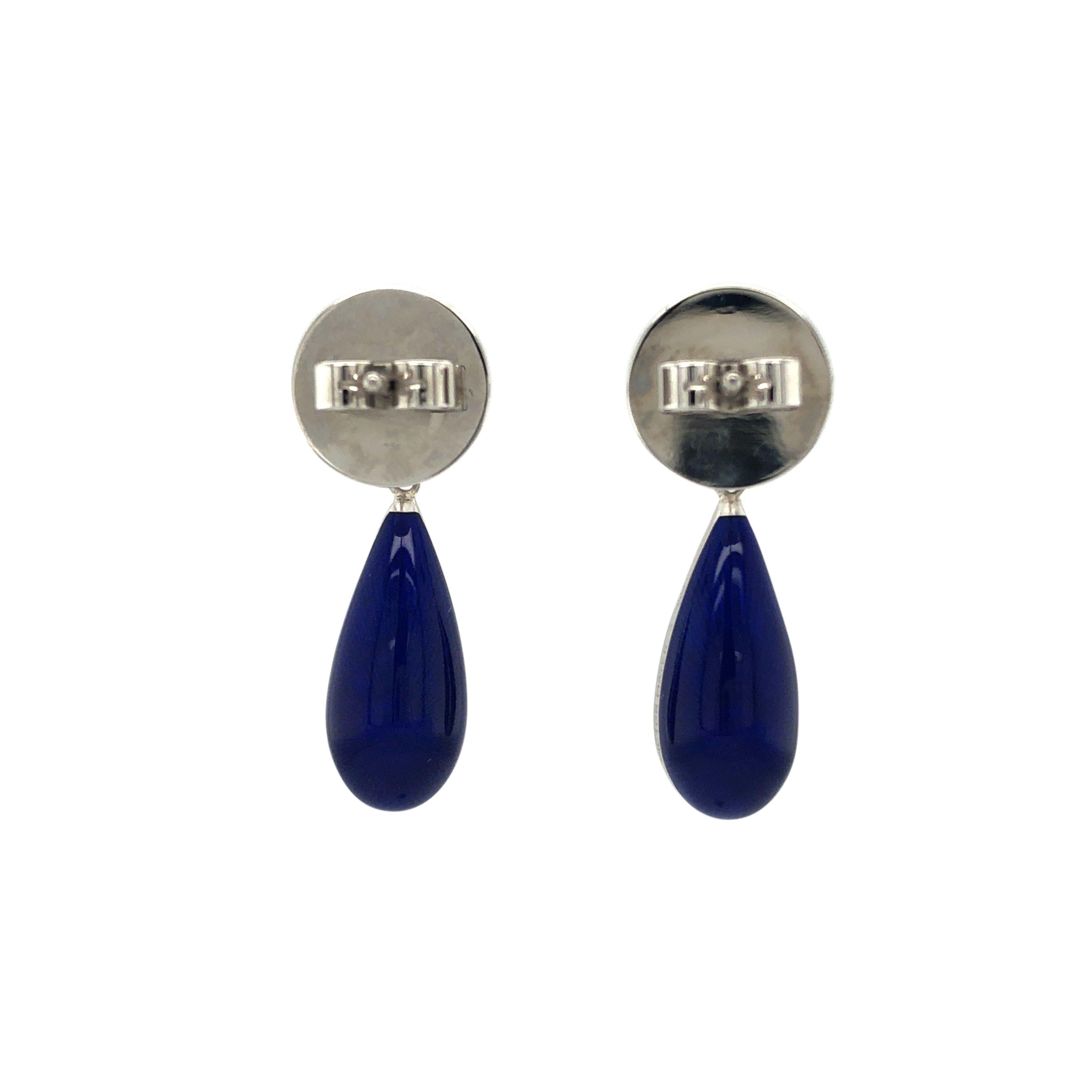 Drop Earrings 18k White Gold Blue Vitreous Enamel 2 Diamonds 0.14 Carat For Sale 1