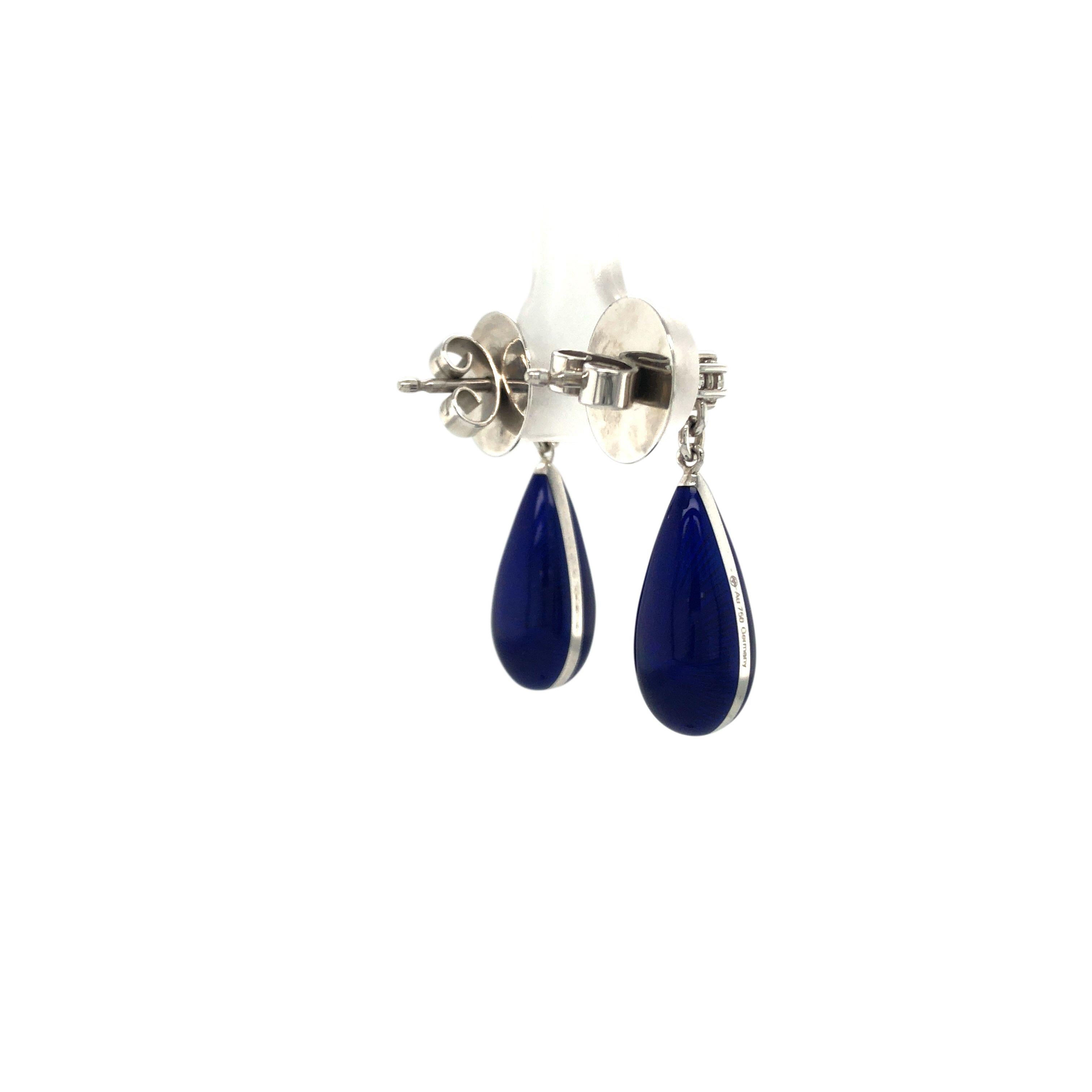 Drop Earrings 18k White Gold Blue Vitreous Enamel 2 Diamonds 0.14 Carat For Sale 2