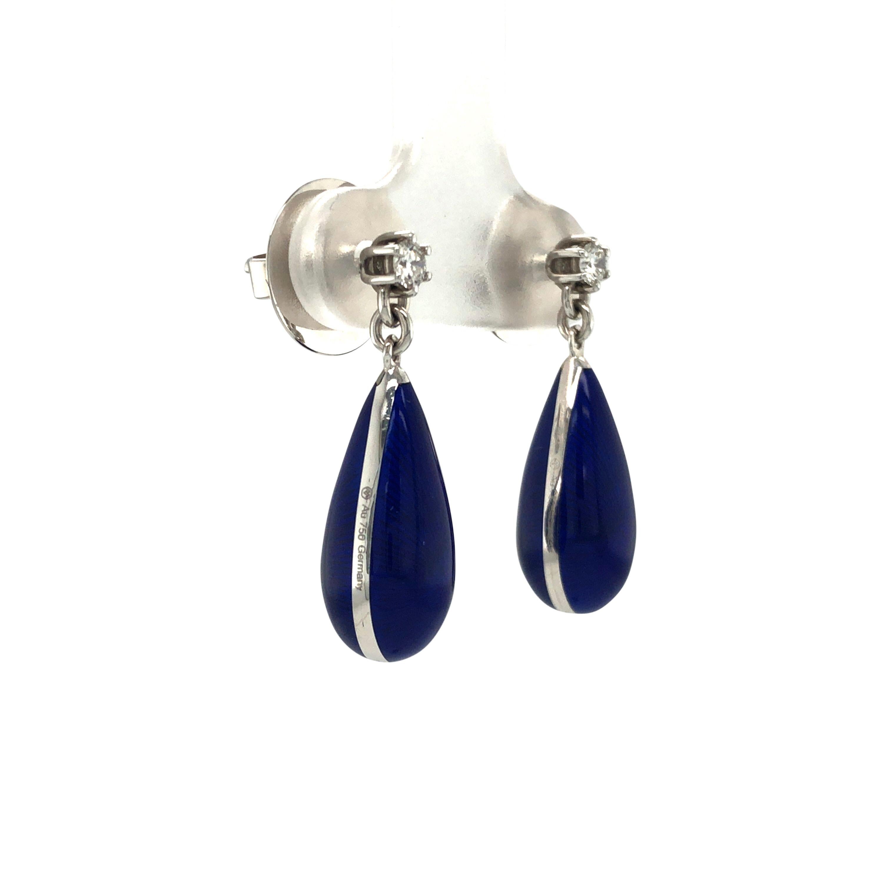Drop Earrings 18k White Gold Blue Vitreous Enamel 2 Diamonds 0.14 Carat For Sale 3