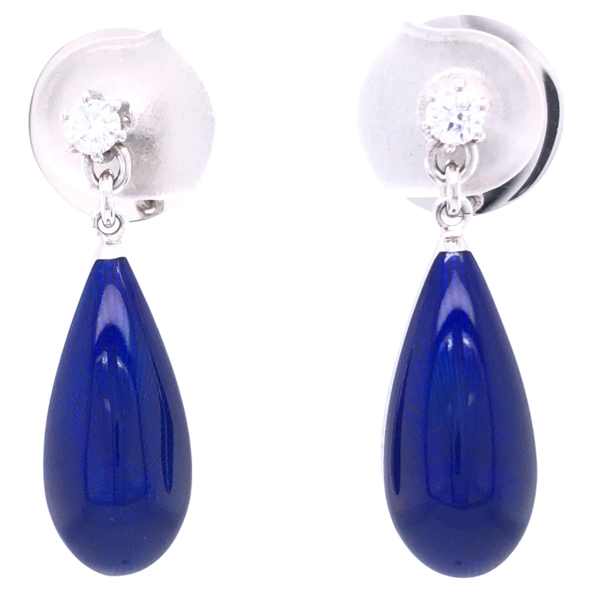 Drop Earrings 18k White Gold Blue Vitreous Enamel 2 Diamonds 0.14 Carat For Sale