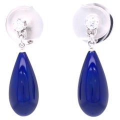 Drop Earrings 18k White Gold Blue Vitreous Enamel 2 Diamonds 0.14 Carat