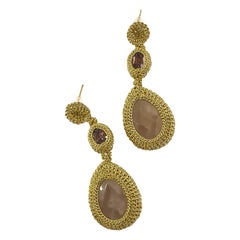 Drop Earrings Gold Rosequartz Fashion Art Jewelry Handmade Classic Romantic