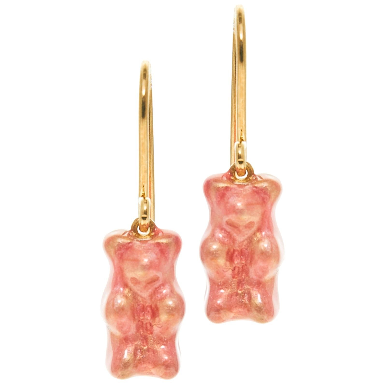 Drop Earrings Gummy Bears 18 Karat Gold-Plated Silver Pink Enamel Greek Jewelry For Sale