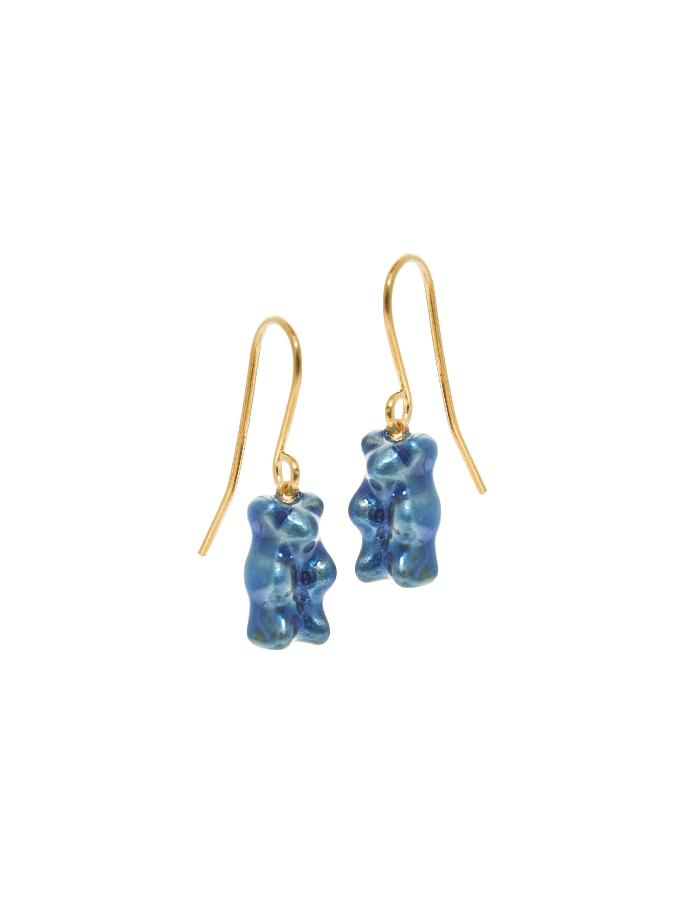18K gold plated silver gummy bear drop earrings with transparent blue enamel coverage. 

The Gummy Project by Maggoosh is a capsule collection inspired by the designer's life in New York City and her passion for breakdancing and other street arts.
