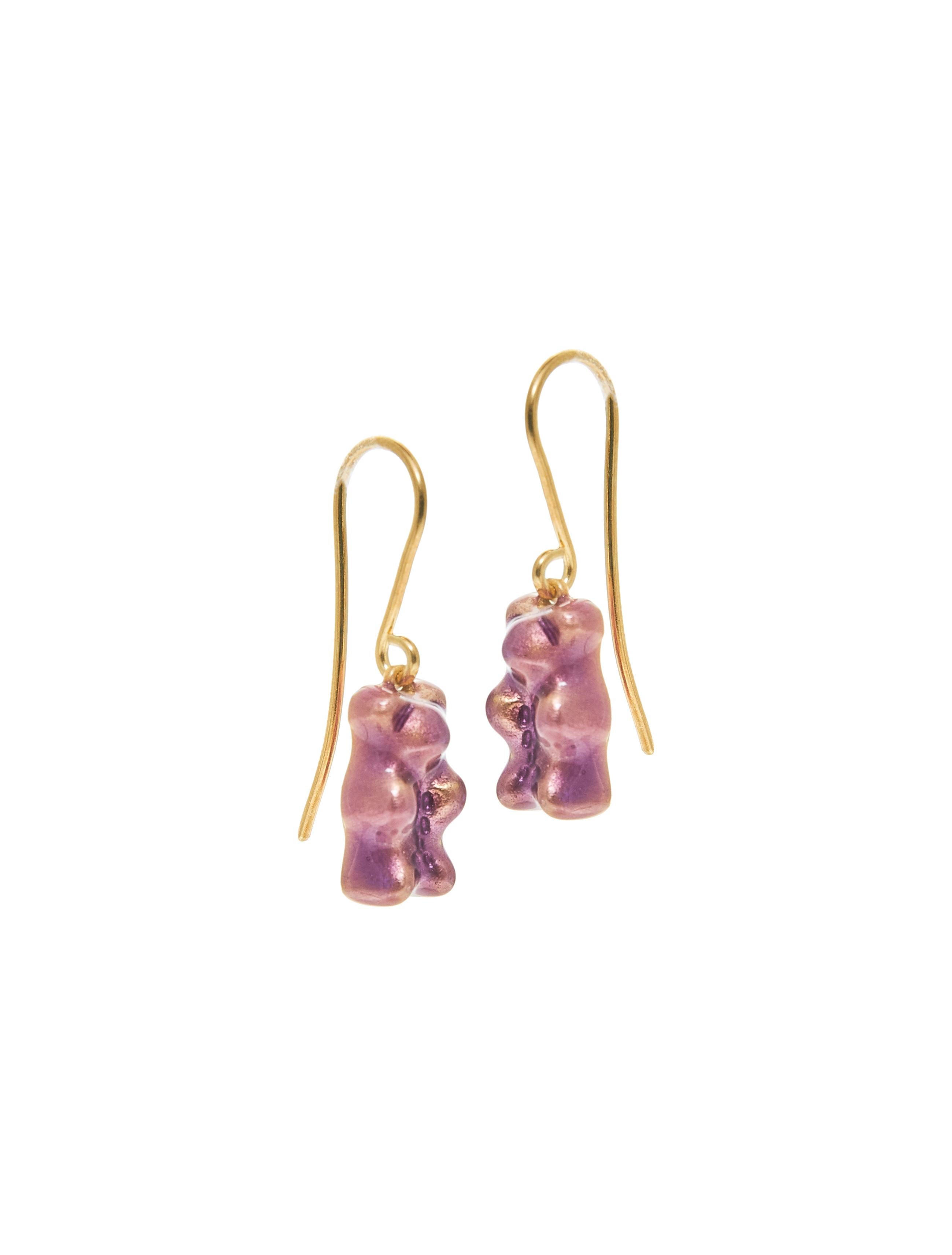 18K gold plated silver gummy bear drop earrings with transparent purple enamel coverage. 

The Gummy Project by Maggoosh is a capsule collection inspired by the designer's life in New York City and her passion for breakdancing and other street arts.