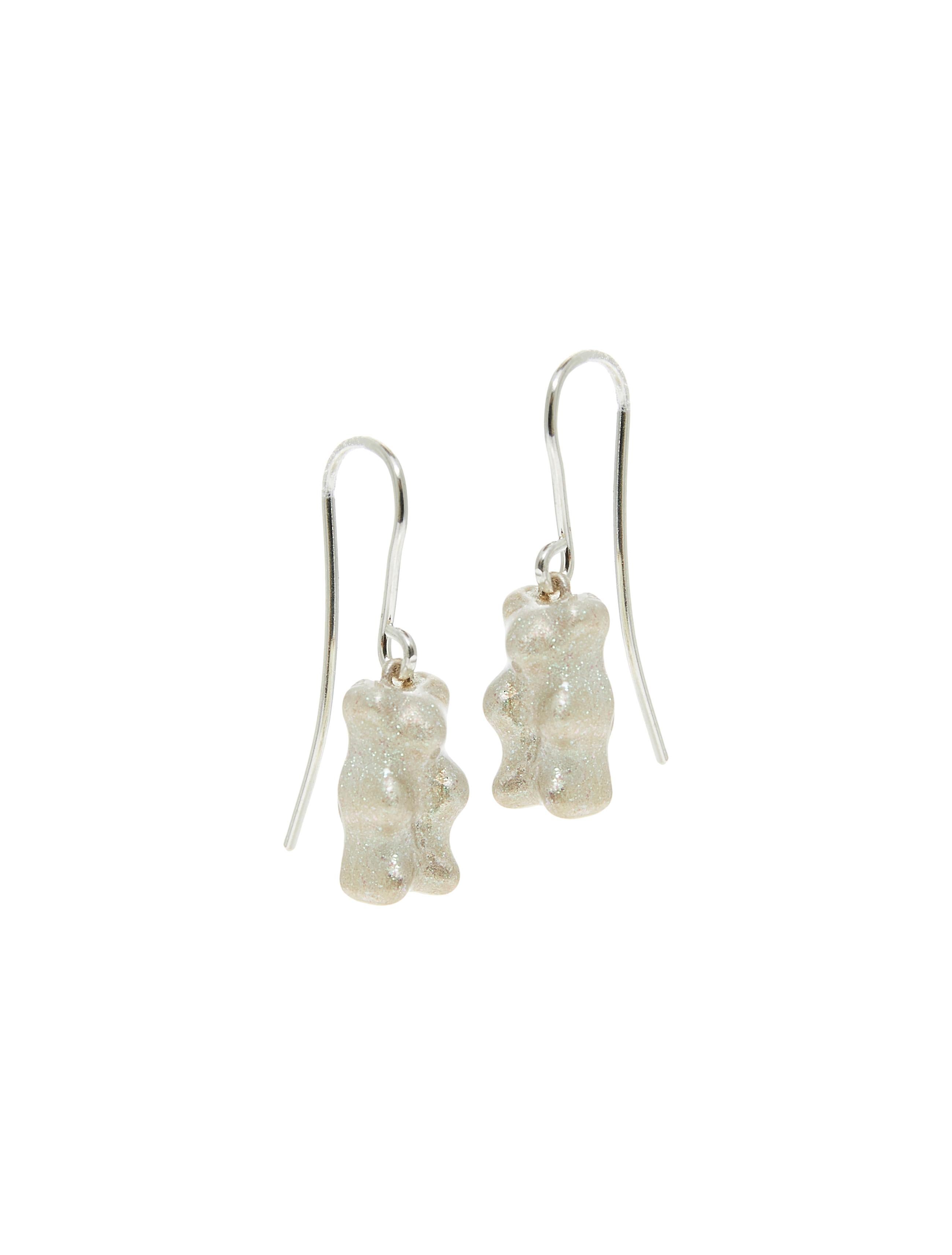 Sterling  silver gummy bear drop earrings with transparent silver with green glitter  enamel coverage. 

The Gummy Project by Maggoosh is a capsule collection inspired by the designer's life in New York City and her passion for breakdancing and