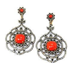 Drop Earrings in 18 Karat Gold and Silver Red Coral, Sapphires and Diamonds