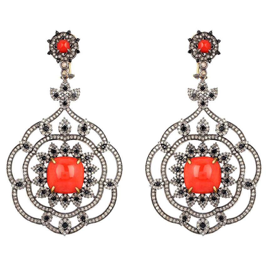 Drop Earrings in 18 Karat Gold and Silver Red Coral, Sapphires and Diamonds For Sale