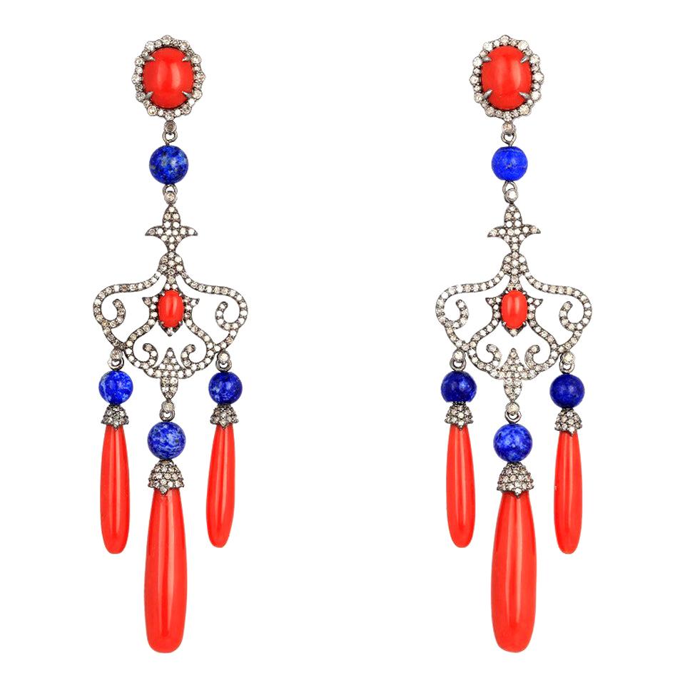 Drop Earrings in 18 Karat Gold, Red Coral Lapislazuli with Coral Diamonds