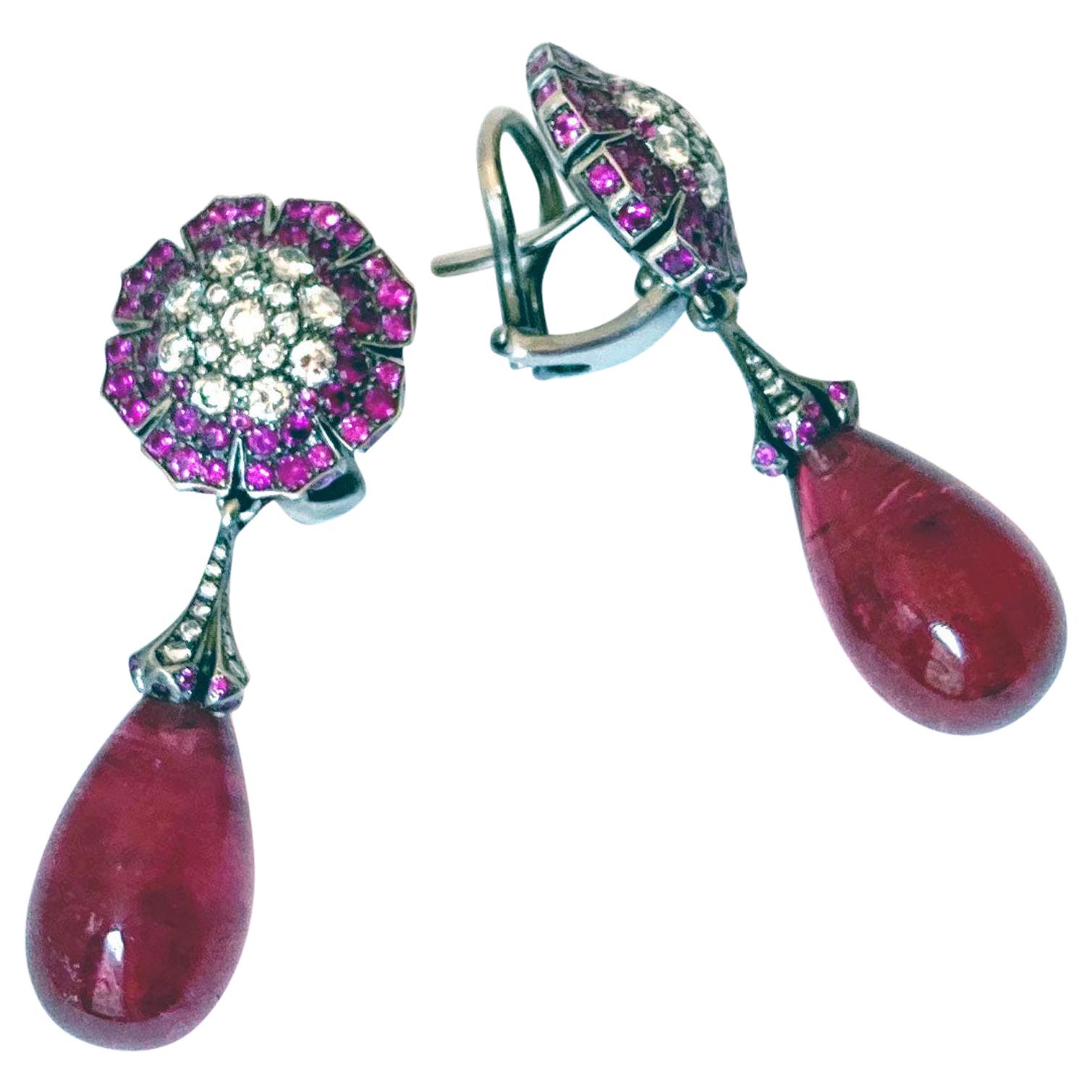 Drop Earrings in 18 Karat White Gold Diamond Pink Sapphire and Rubellite For Sale