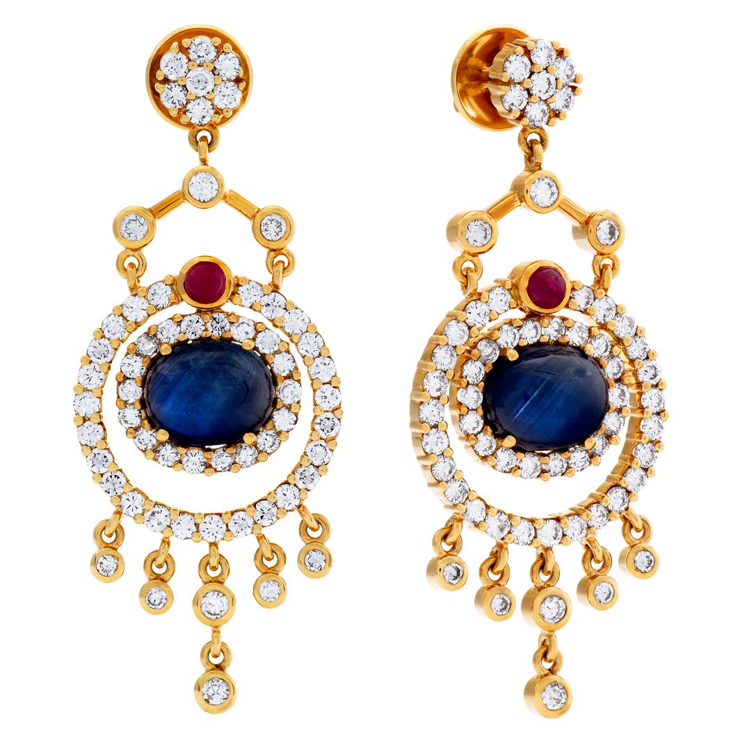 Modern Drop Earrings in 18k with Diamond, Sapphires & Rubies