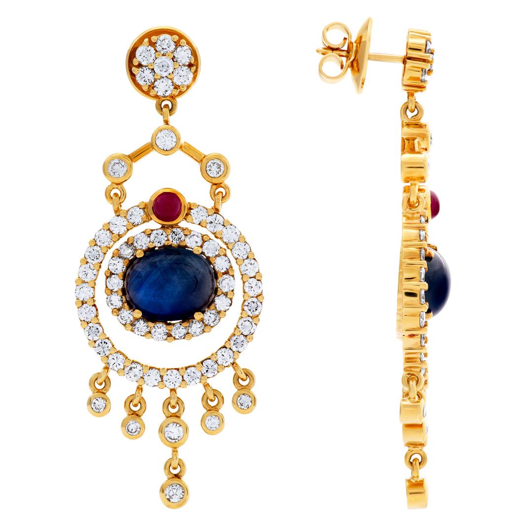 Drop Earrings in 18k with Diamond, Sapphires & Rubies In Excellent Condition In Surfside, FL