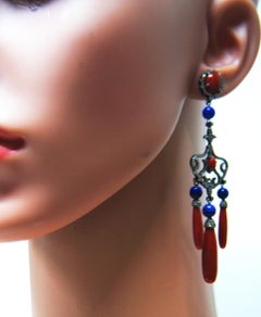 Drop Earrings in 18 Karat Gold, Red Coral Lapislazuli with Coral Diamonds