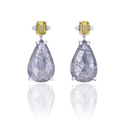 Drop Earrings in 18kt White Gold with Pear Rutilated and Yellow Quartz Diamonds