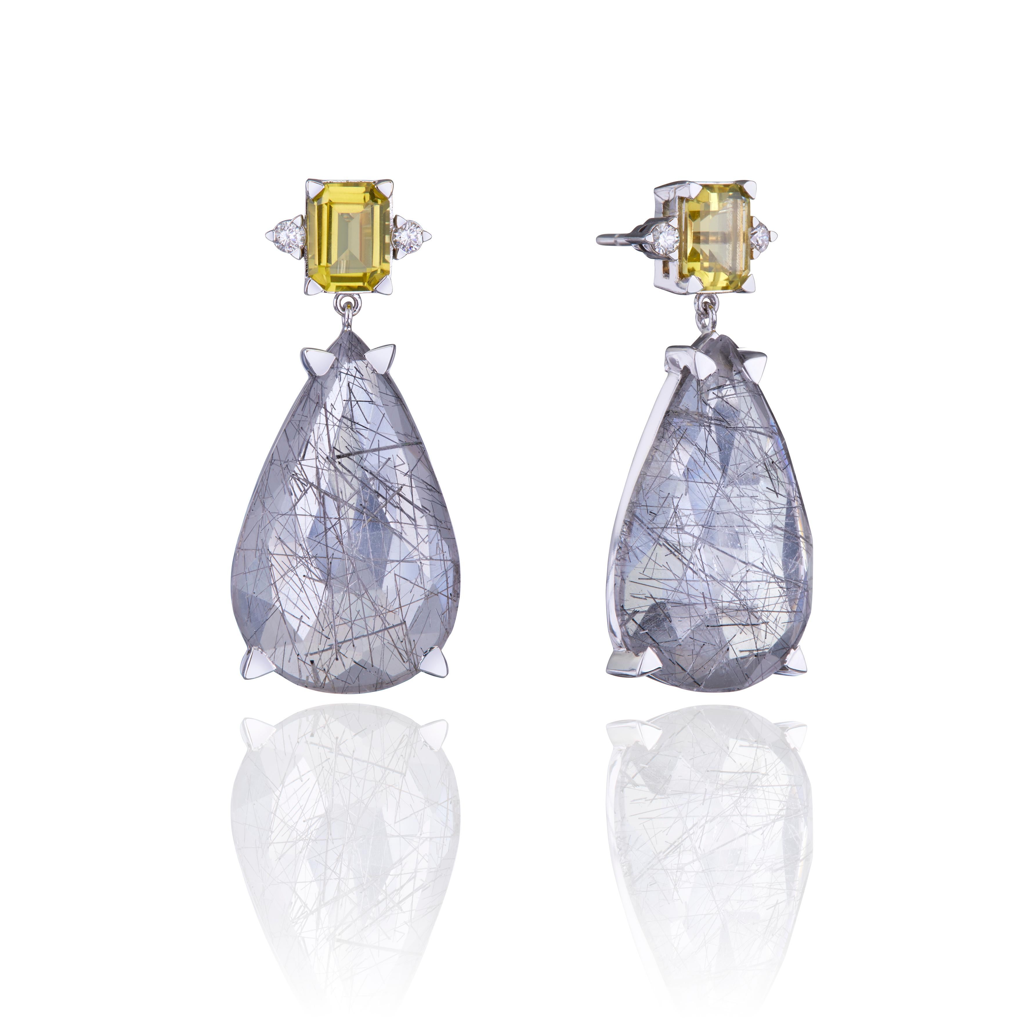 Contemporary Drop Earrings in 18kt White Gold with Pear Rutilated and Yellow Quartz Diamonds For Sale