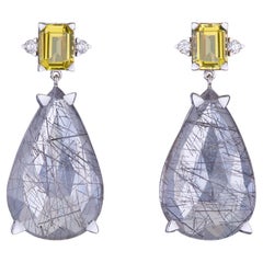 Drop Earrings in 18kt White Gold with Pear Rutilated and Yellow Quartz Diamonds