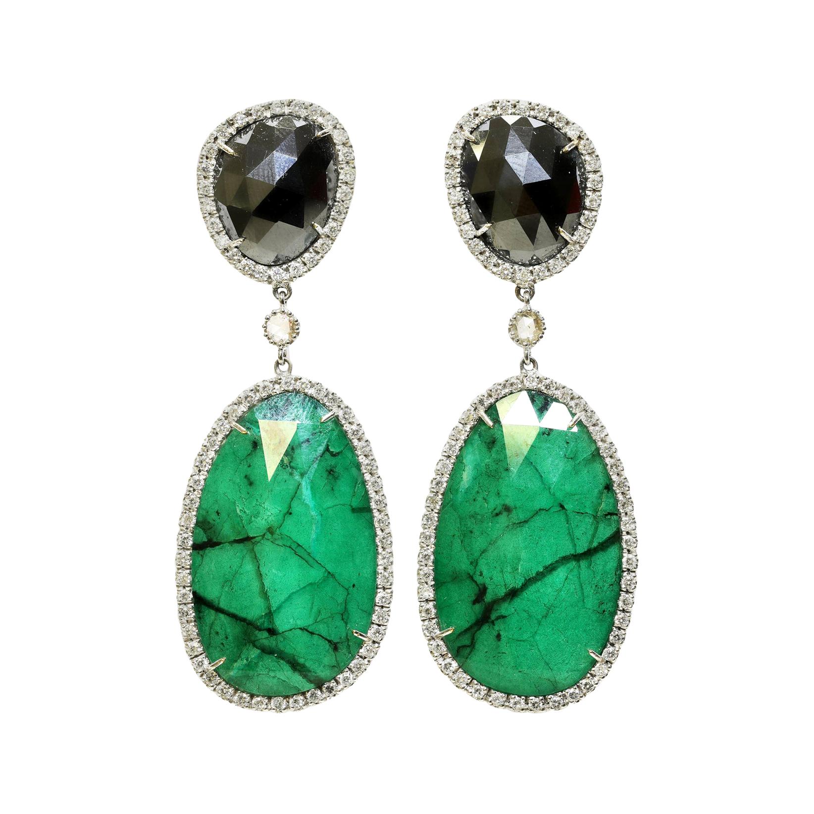 21st Century 18 Karat Gold Hematite Emerald and White Diamond Drop Earrings For Sale