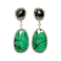 21st Century 18 Karat Gold Hematite Emerald and White Diamond Drop Earrings