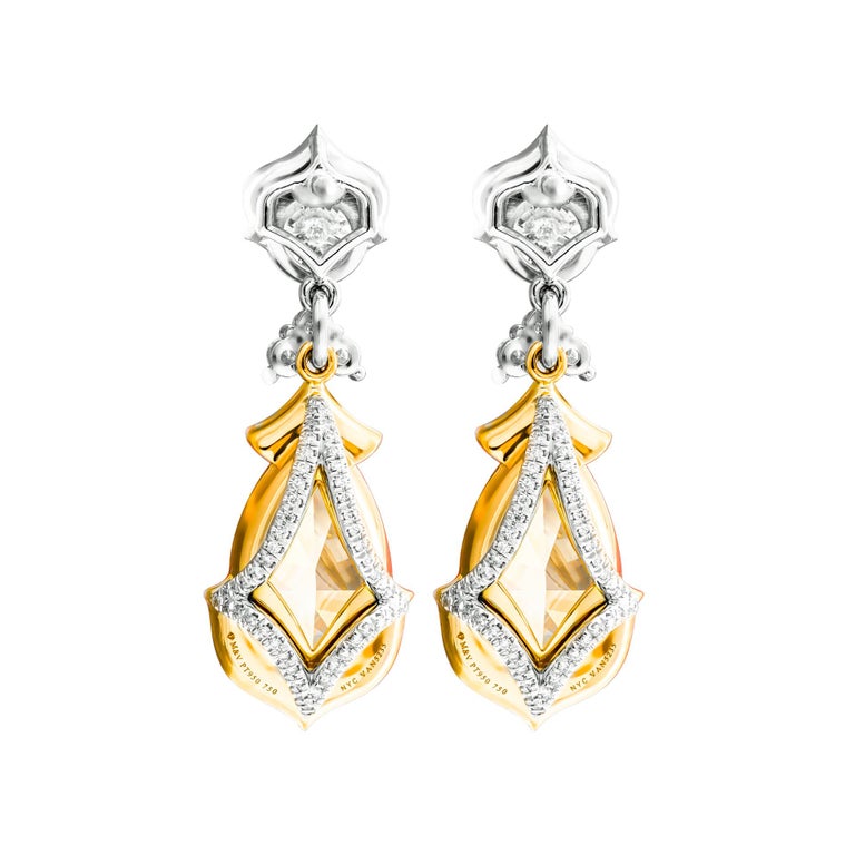 Modern Drop earrings in Platinum & 18K Gold Pear Shape Fancy Light Yellow Diamonds For Sale