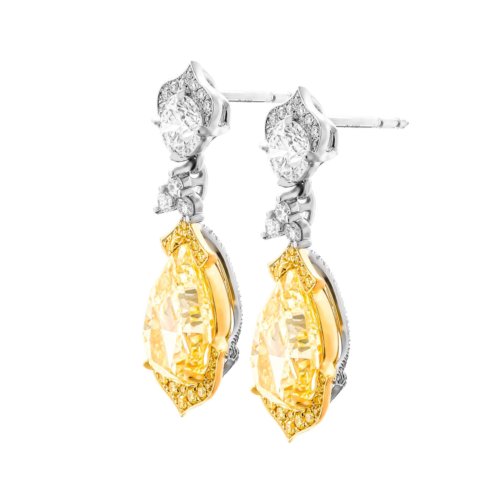 Pear Cut Drop earrings in Platinum & 18K Gold Pear Shape Fancy Light Yellow Diamonds