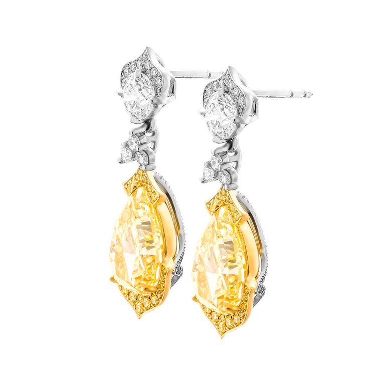 Pear Cut Drop earrings in Platinum & 18K Gold Pear Shape Fancy Light Yellow Diamonds For Sale