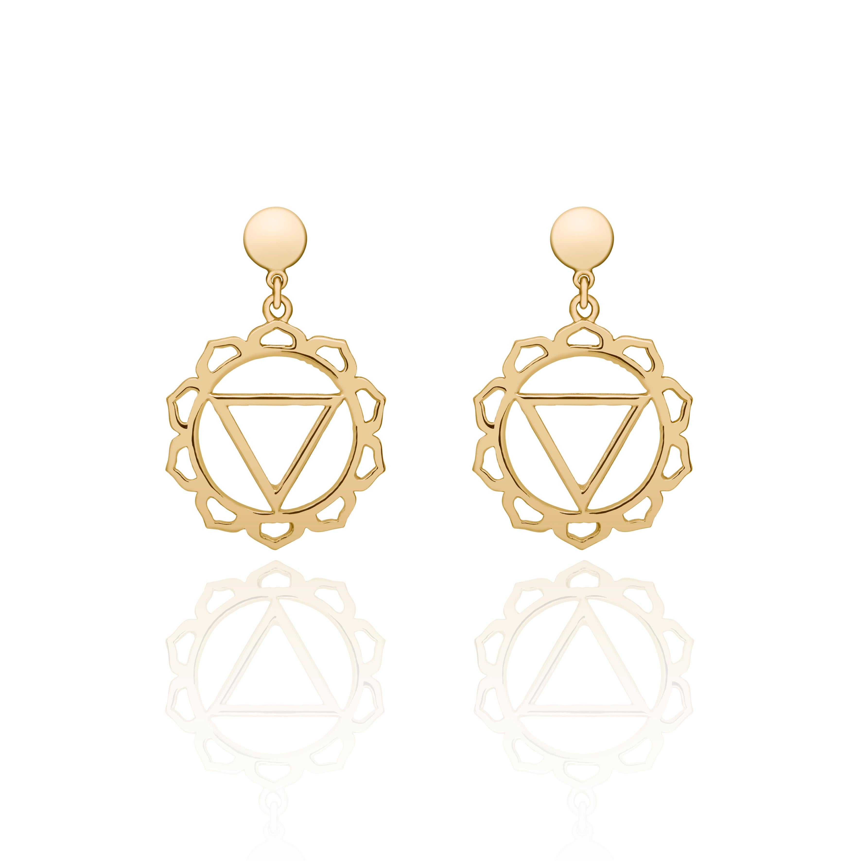 Unique pair of drop earrings inspired by Yoga Manipura Chakra -The Solar Plexus Chakra handcrafted in 14Kt gold. The Manipura Chakra is the mental center of our body that is located in your navel. It is strongly connected with power, humor, trust