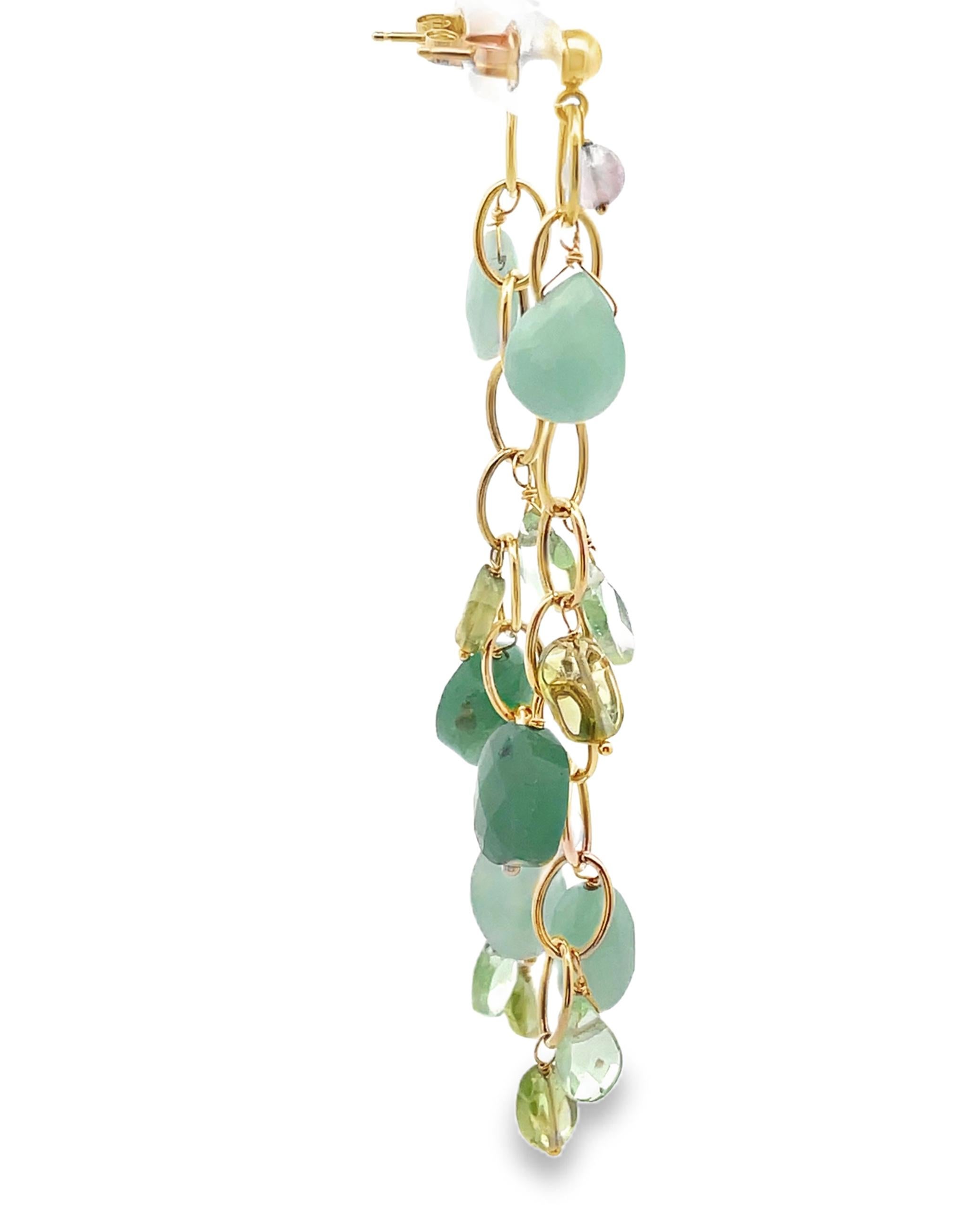 14K yellow gold long chain earrings with peridot, green amethyst, lavender amethyst, aventurine and coin mother of pearl.

- Push back closure.