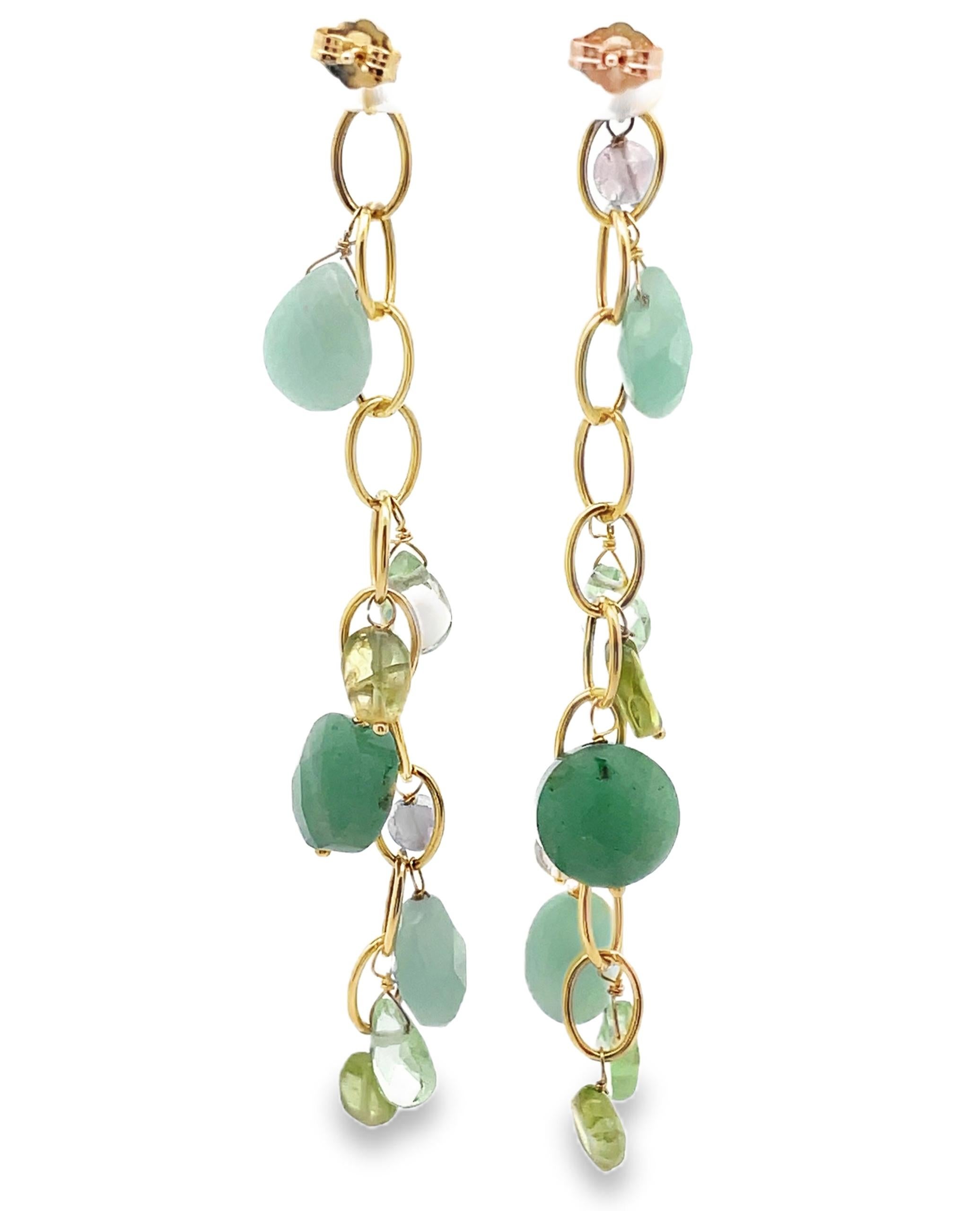 Contemporary Multicolor Drop Link Earrings Peridot, Amethyst, Aventurine in 14K Yellow Gold For Sale