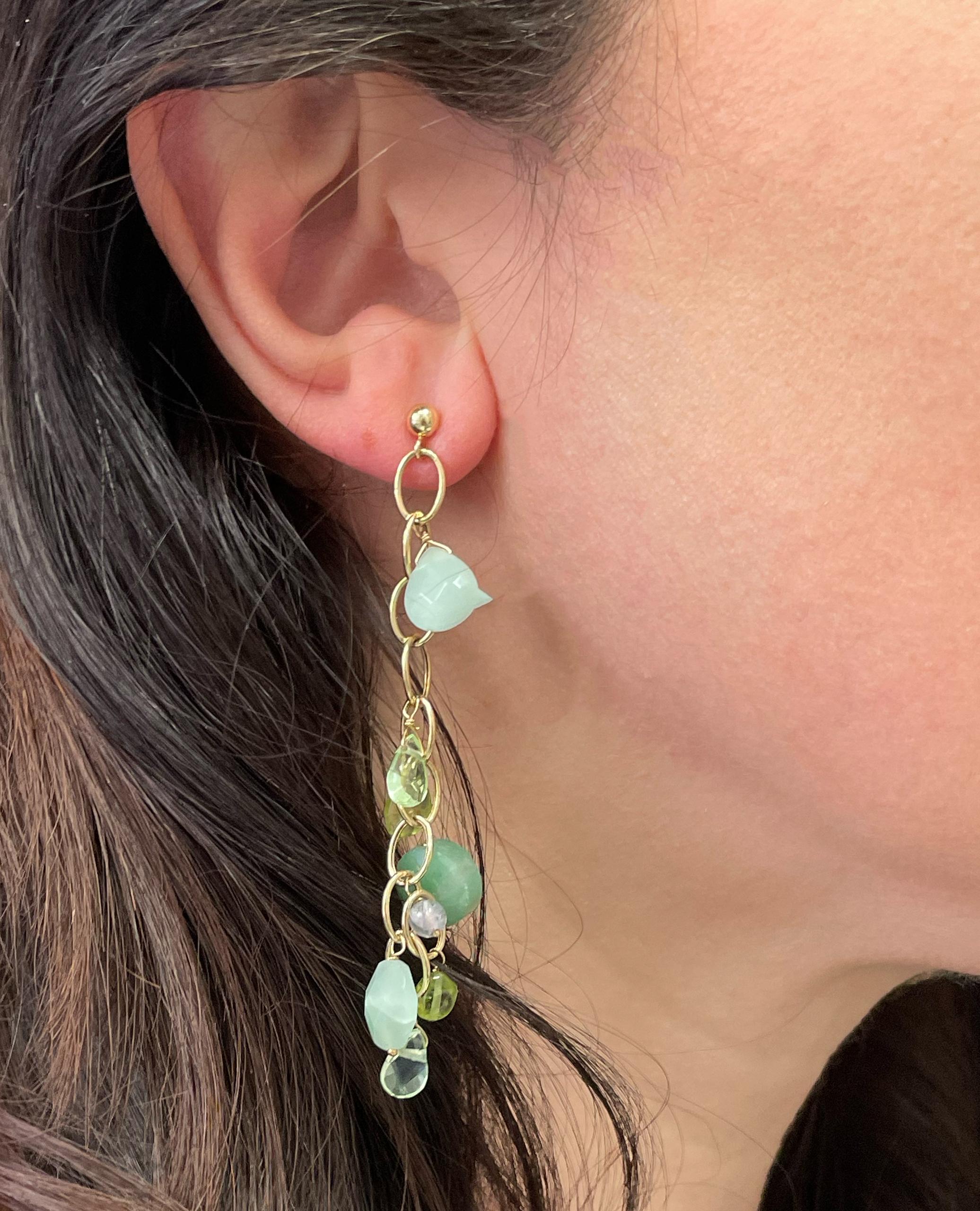 Multicolor Drop Link Earrings Peridot, Amethyst, Aventurine in 14K Yellow Gold In New Condition For Sale In Old Tappan, NJ