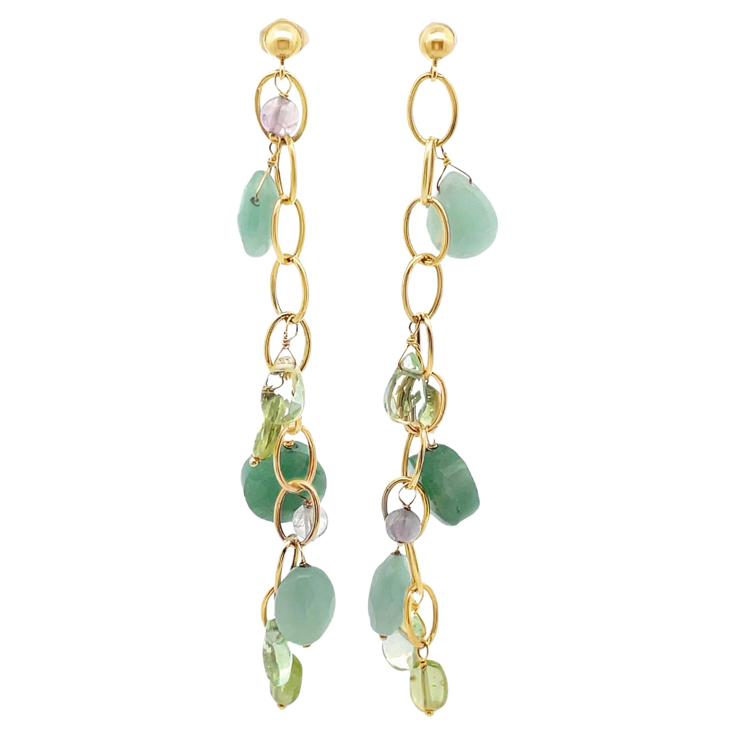 Multicolor Drop Link Earrings Peridot, Amethyst, Aventurine in 14K Yellow Gold For Sale