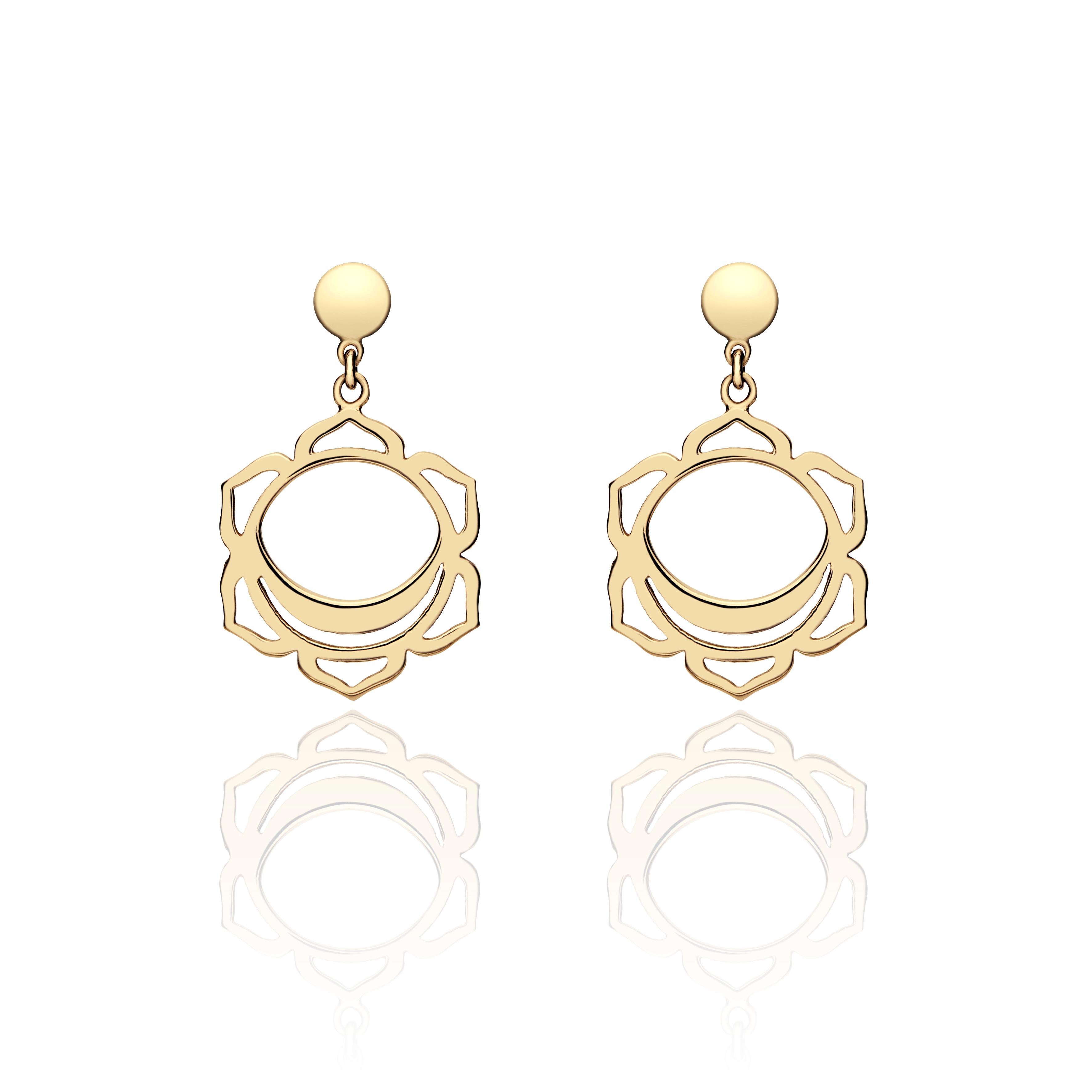 Unique drop pair of earrings with Svadhistana-The Sex Chakra handcrafted in 14Kt Gold.
The Svadhisthana Chakra is the mental center of our body, that is located under the belly button. It is strongly connected with joy, creativity, lusciousness and