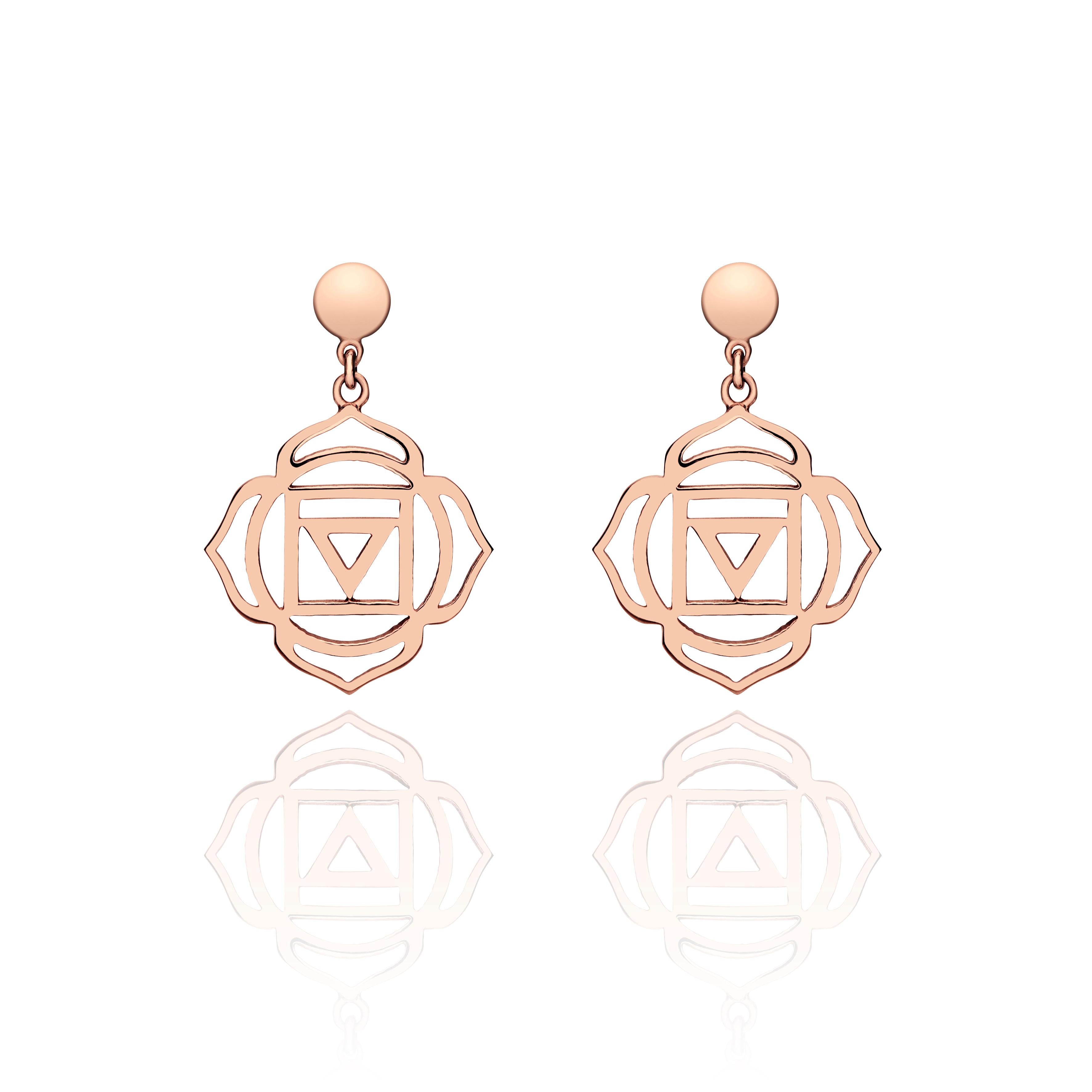 Unique drop pair of earrings with the Muladhara Chakra- The Root Chakra, handcrafted in 14Kt gold.
The Muladhara Chakra is the mental center of our body, that is located in the pelvic area. It is strongly connected with faith, patience and success