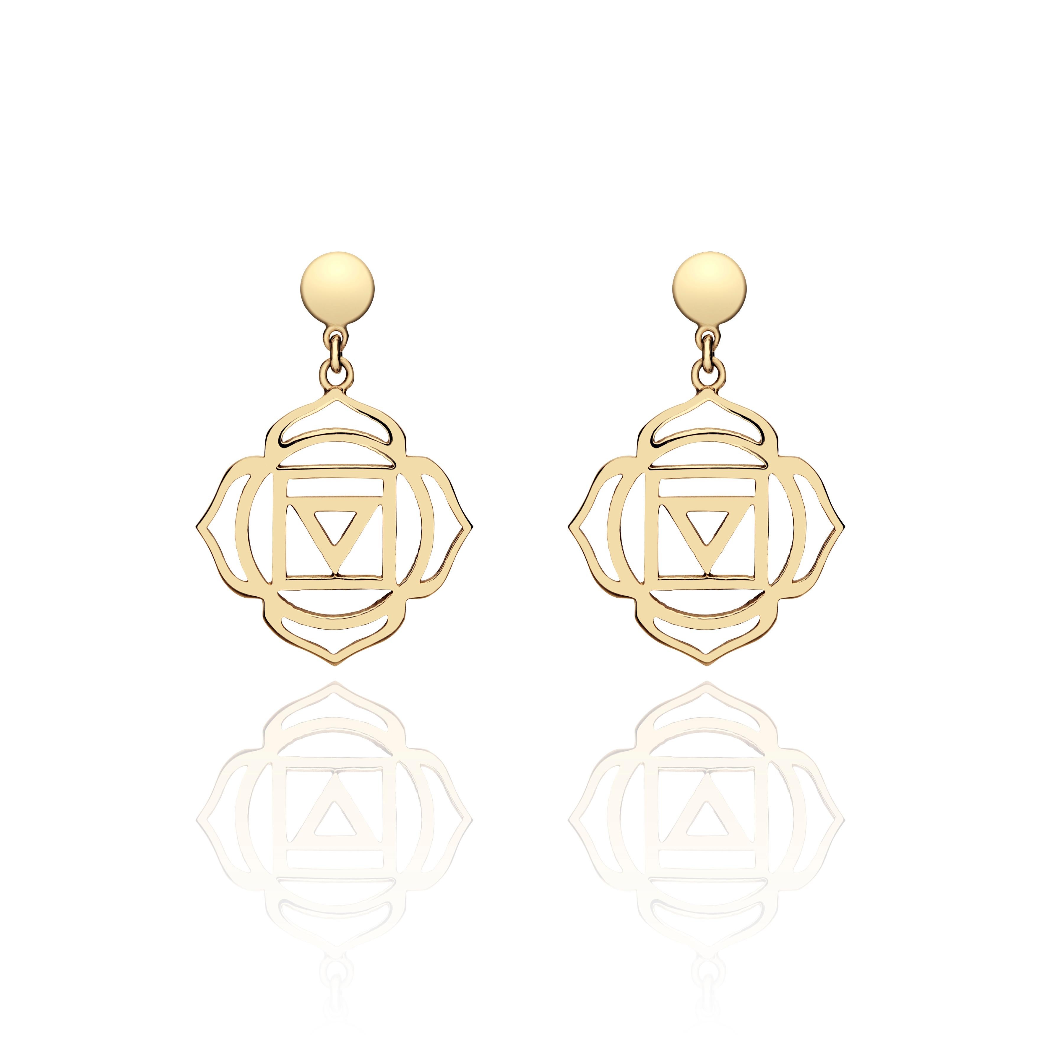 Women's Handcrafted Drop Earrings with the Muladhara Root Chakra in 14Kt Gold  For Sale