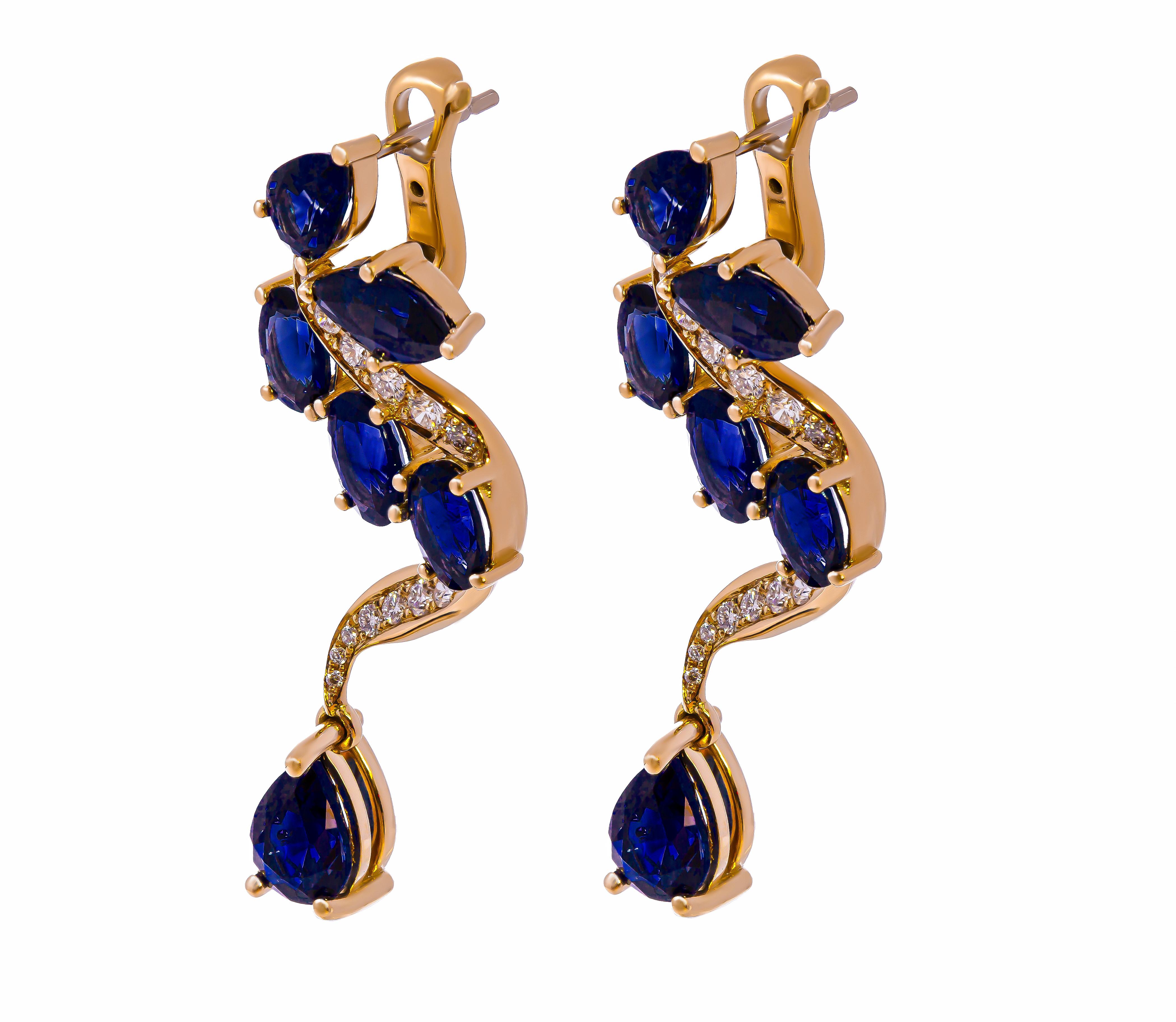 Modern Drop Earrings with Blue Sapphire and Diamonds For Sale