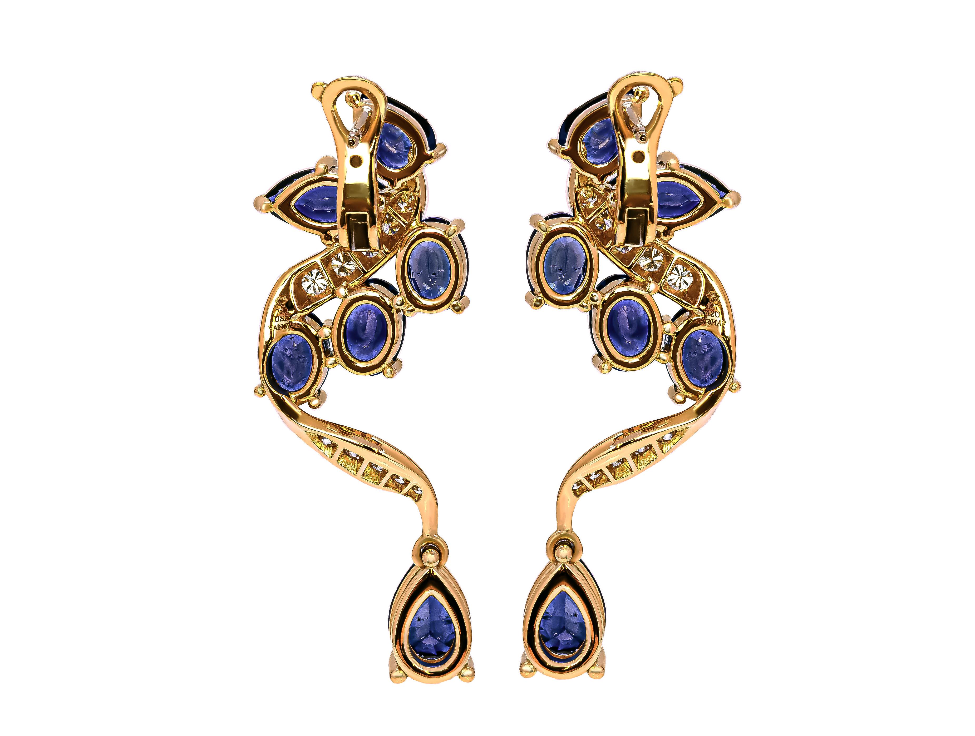 Mixed Cut Drop Earrings with Blue Sapphire and Diamonds For Sale